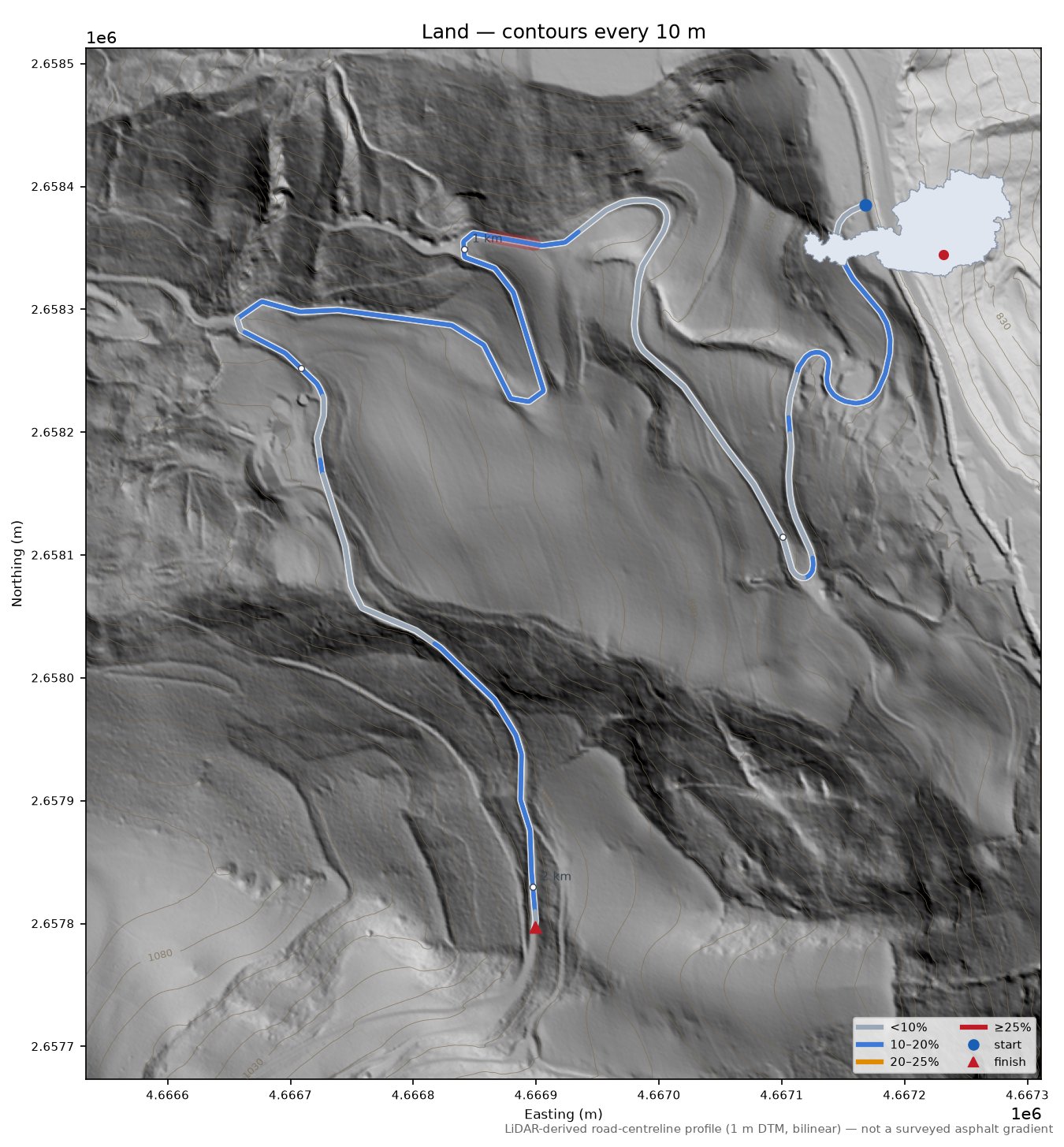 Land LiDAR hillshade map with contours