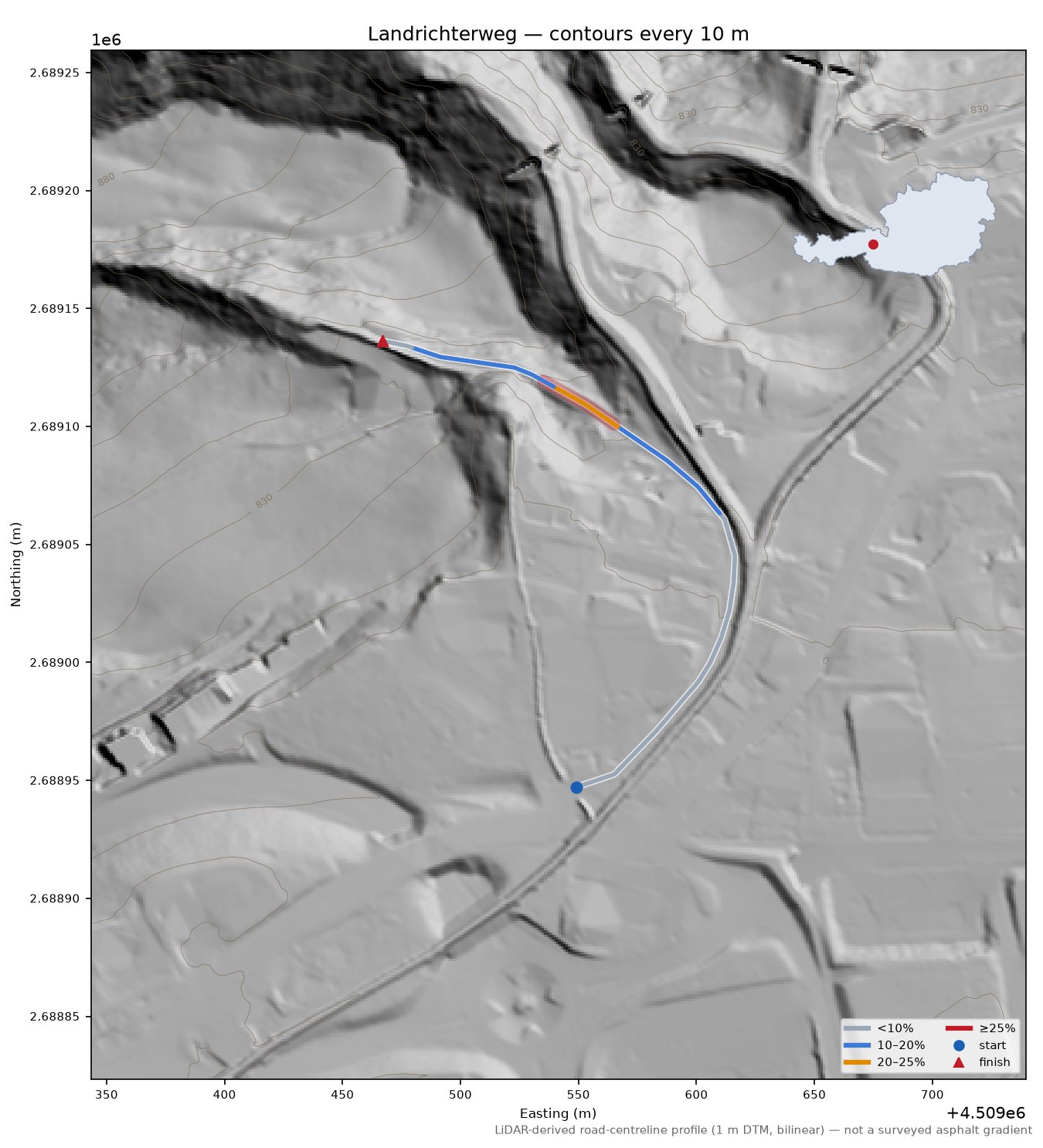 Landrichterweg LiDAR hillshade map with contours