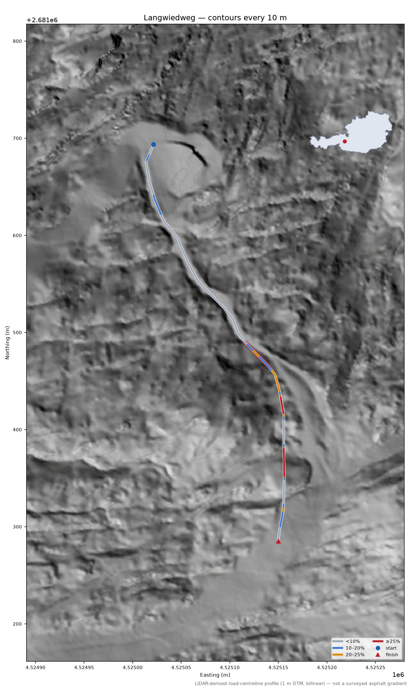 Langwiedweg LiDAR hillshade map with contours