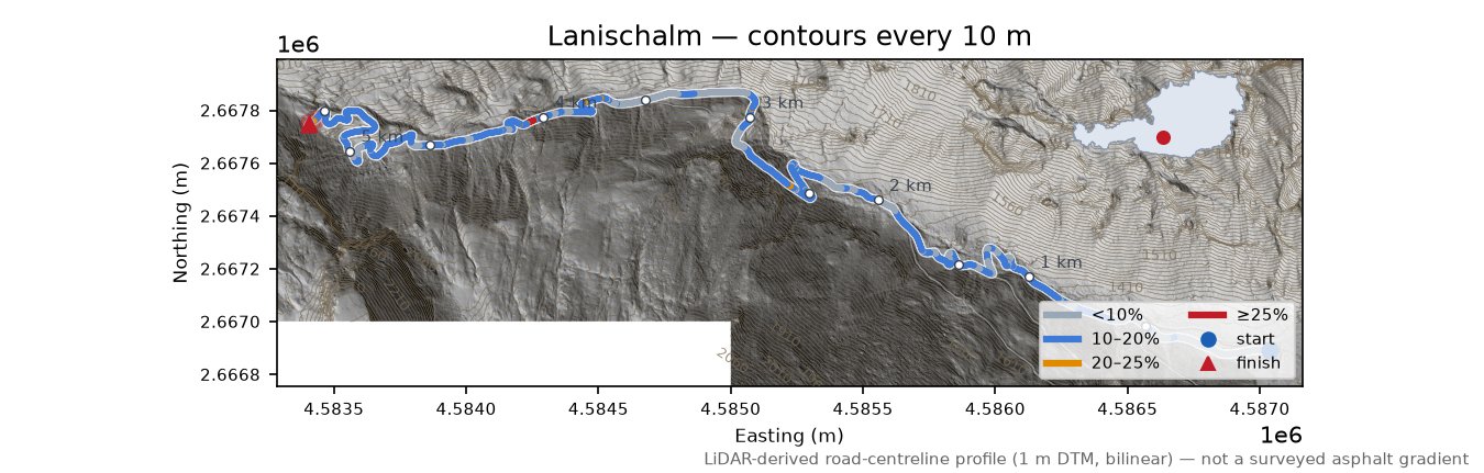 Lanischalm LiDAR hillshade map with contours