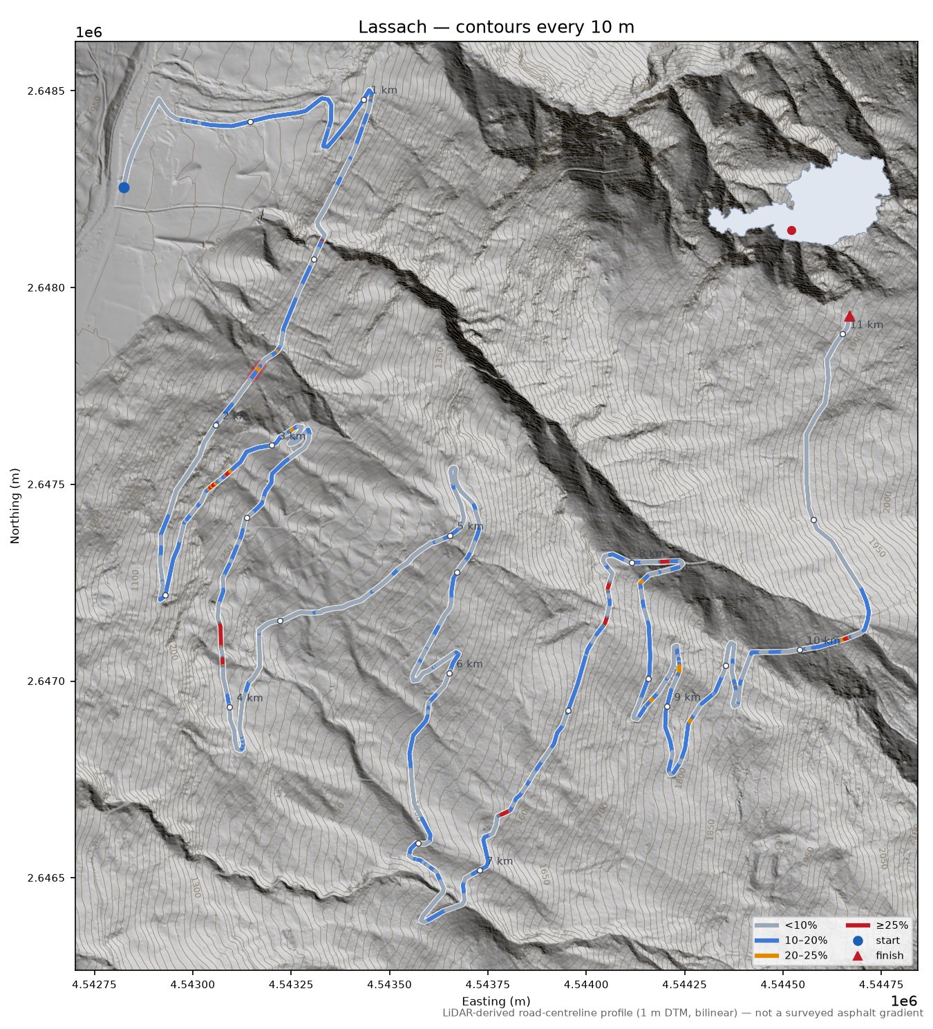 Lassach LiDAR hillshade map with contours