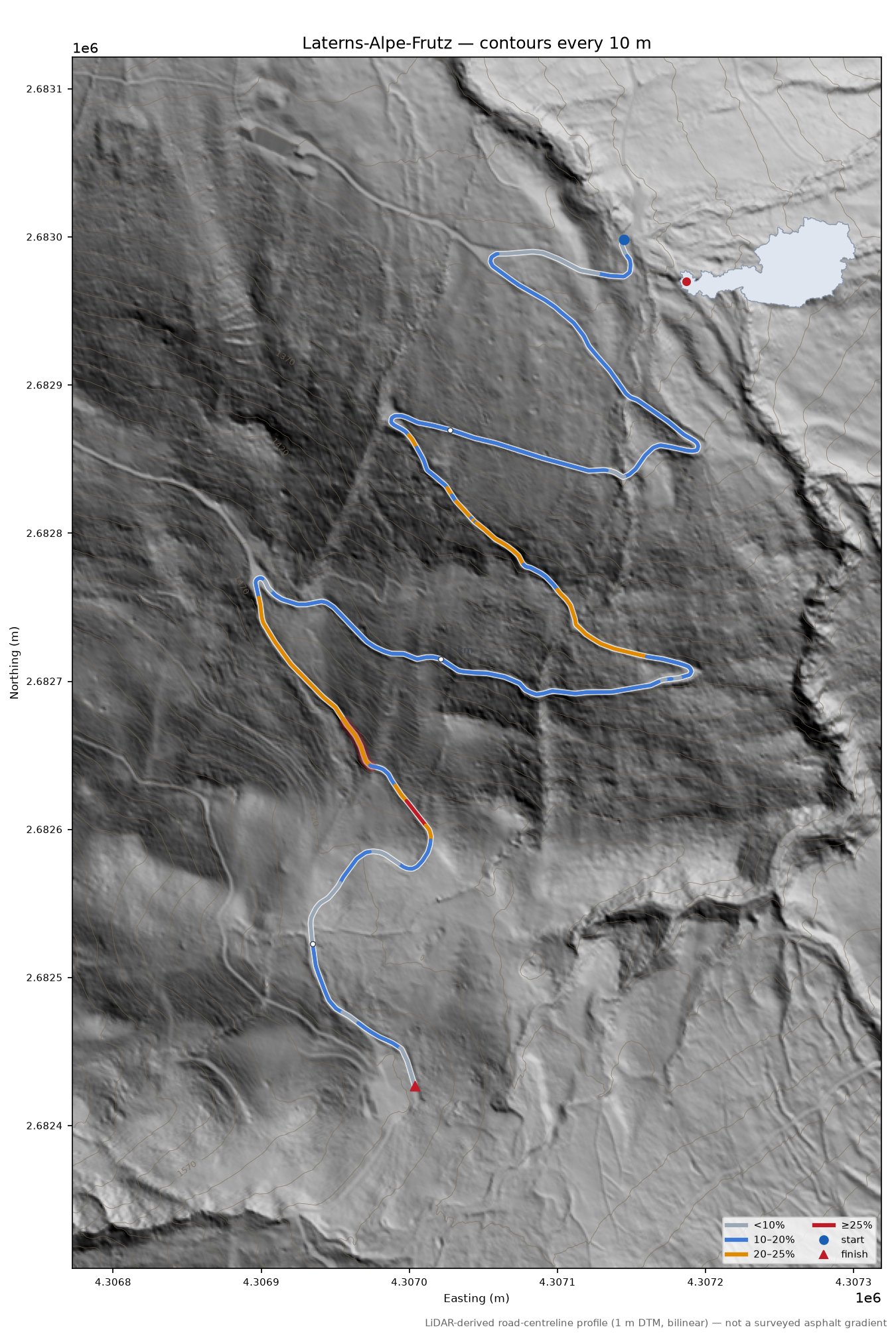 Laterns-Alpe-Frutz LiDAR hillshade map with contours