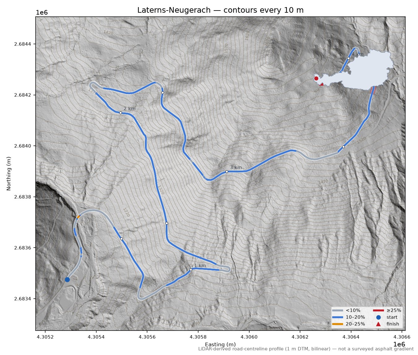 Laterns-Neugerach LiDAR hillshade map with contours