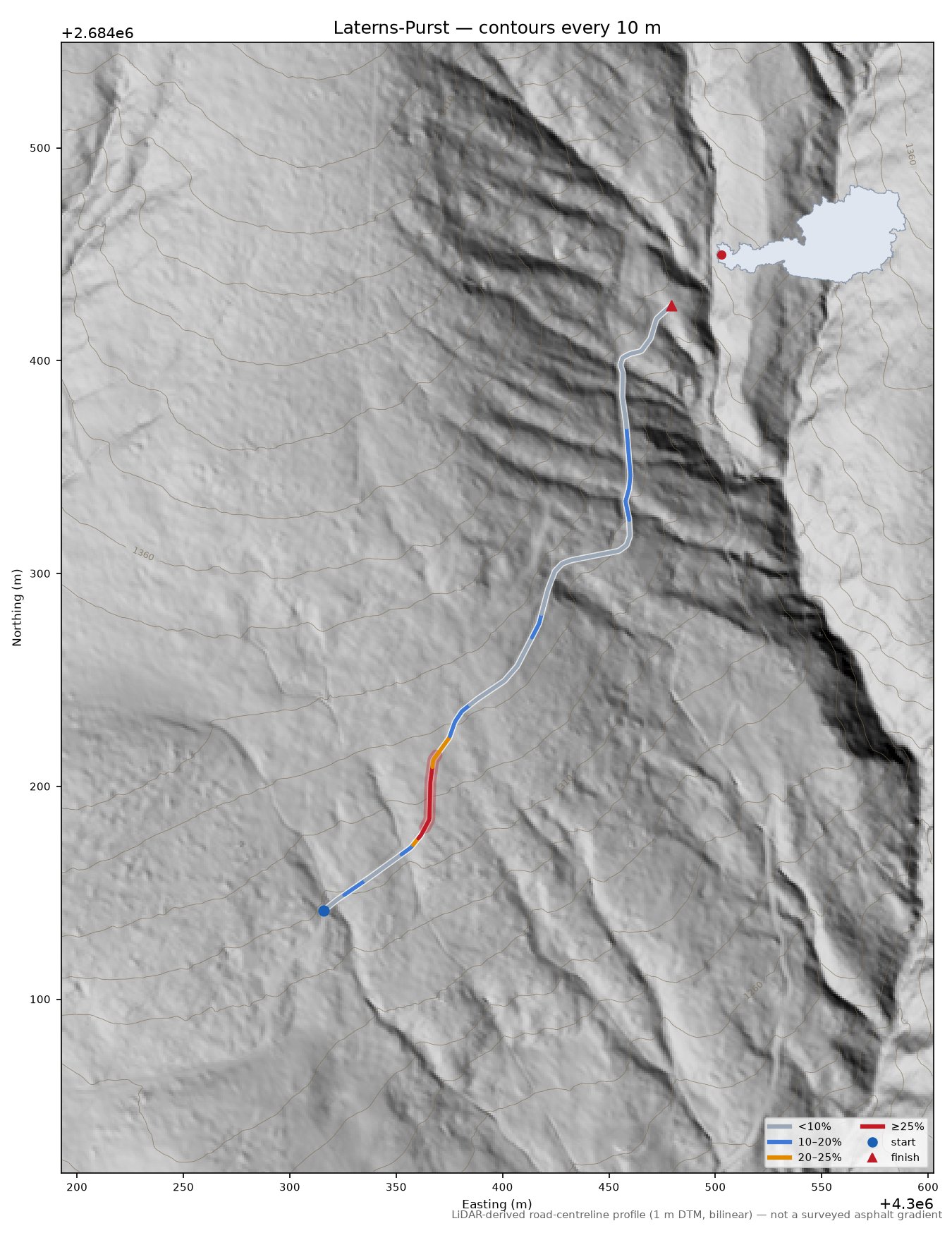 Laterns-Purst LiDAR hillshade map with contours