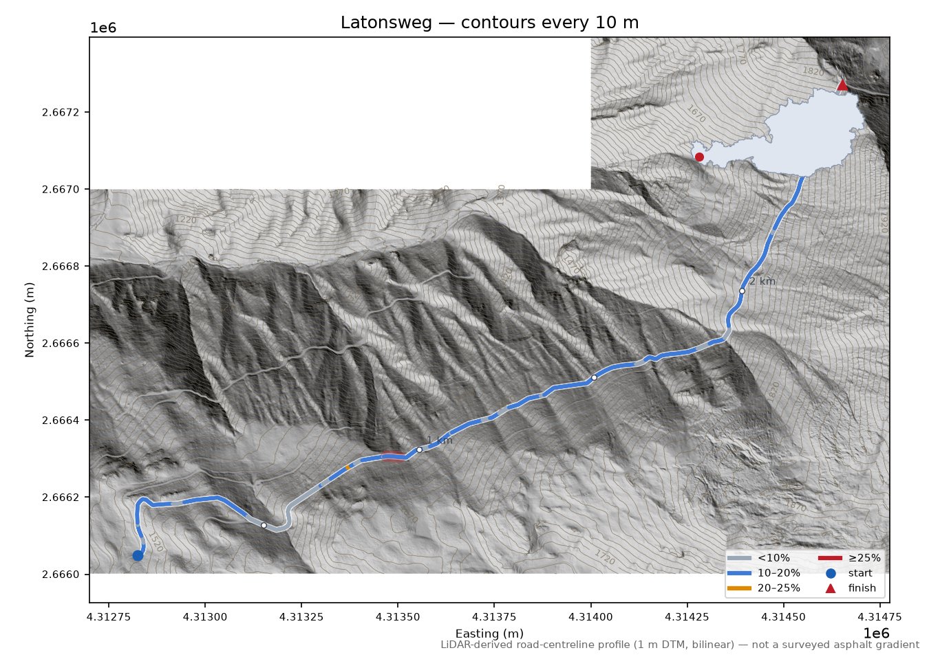 Latonsweg LiDAR hillshade map with contours