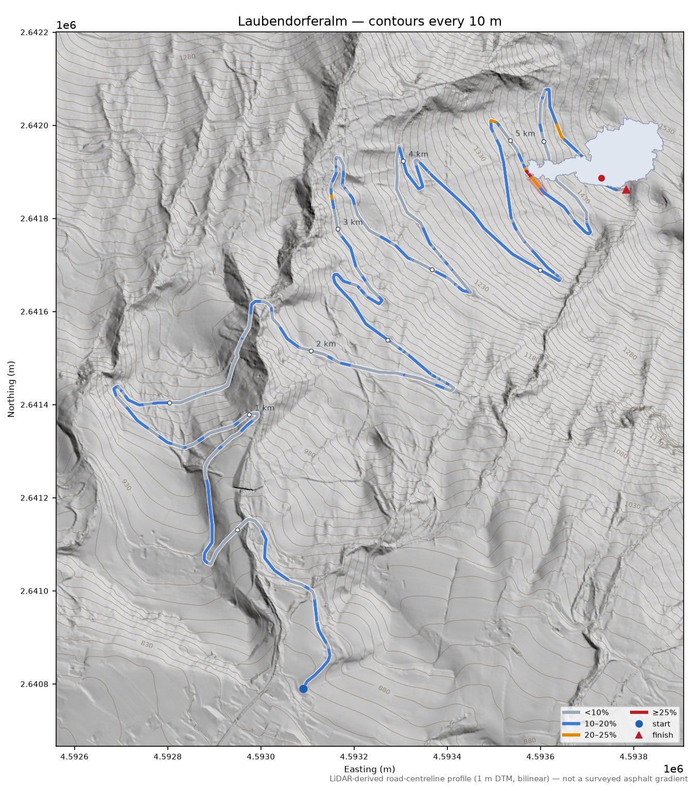 Laubendorferalm LiDAR hillshade map with contours