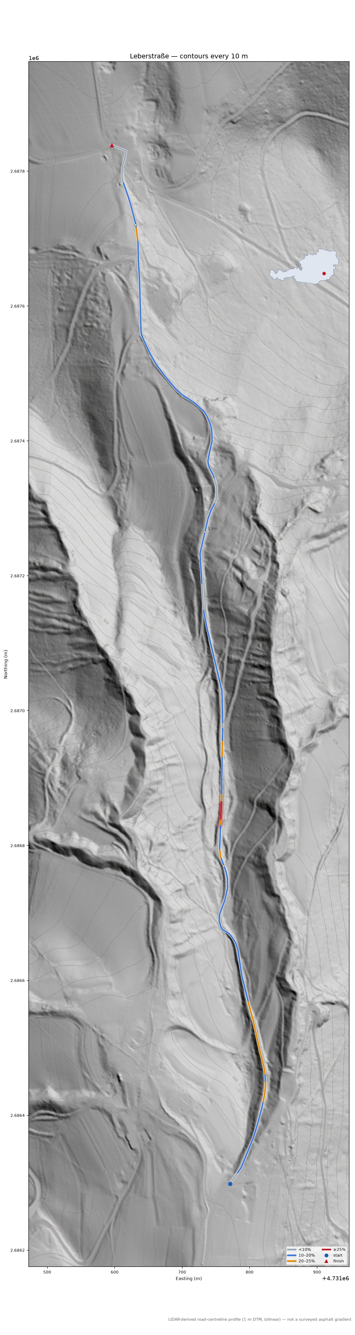 Leberstraße LiDAR hillshade map with contours