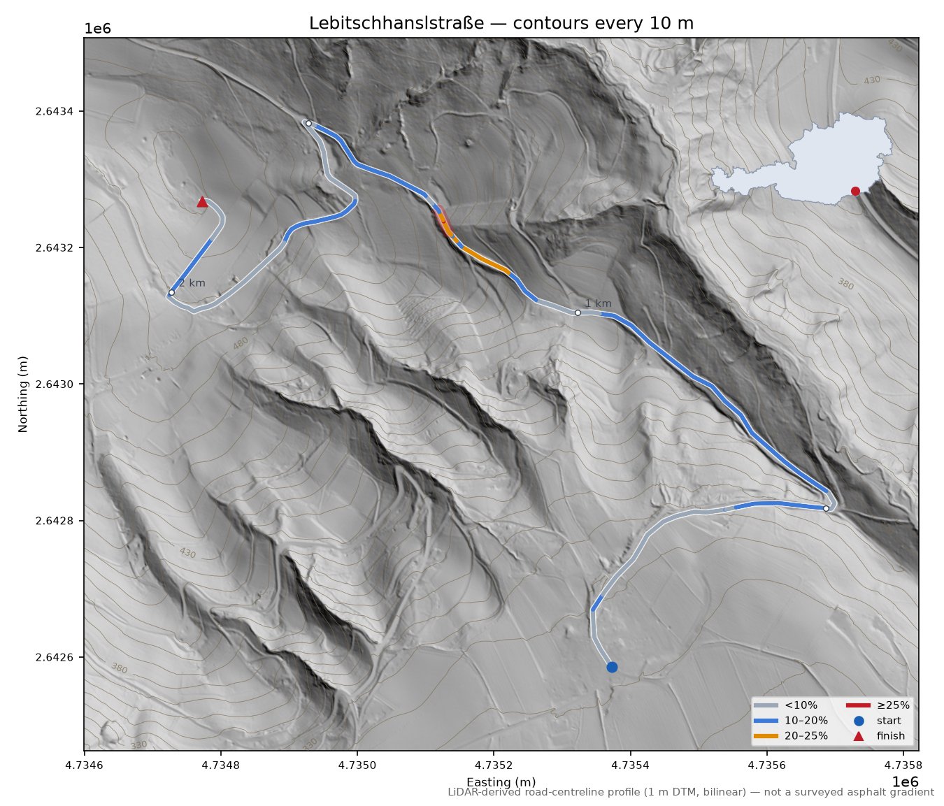 Lebitschhanslstraße LiDAR hillshade map with contours