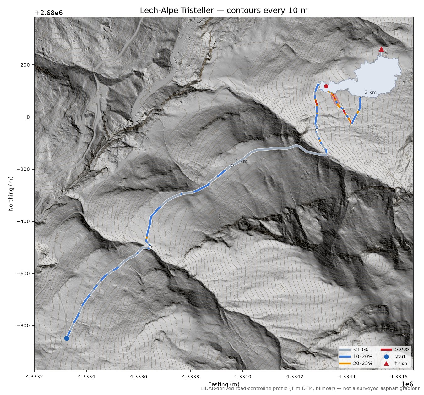 Lech-Alpe Tristeller LiDAR hillshade map with contours