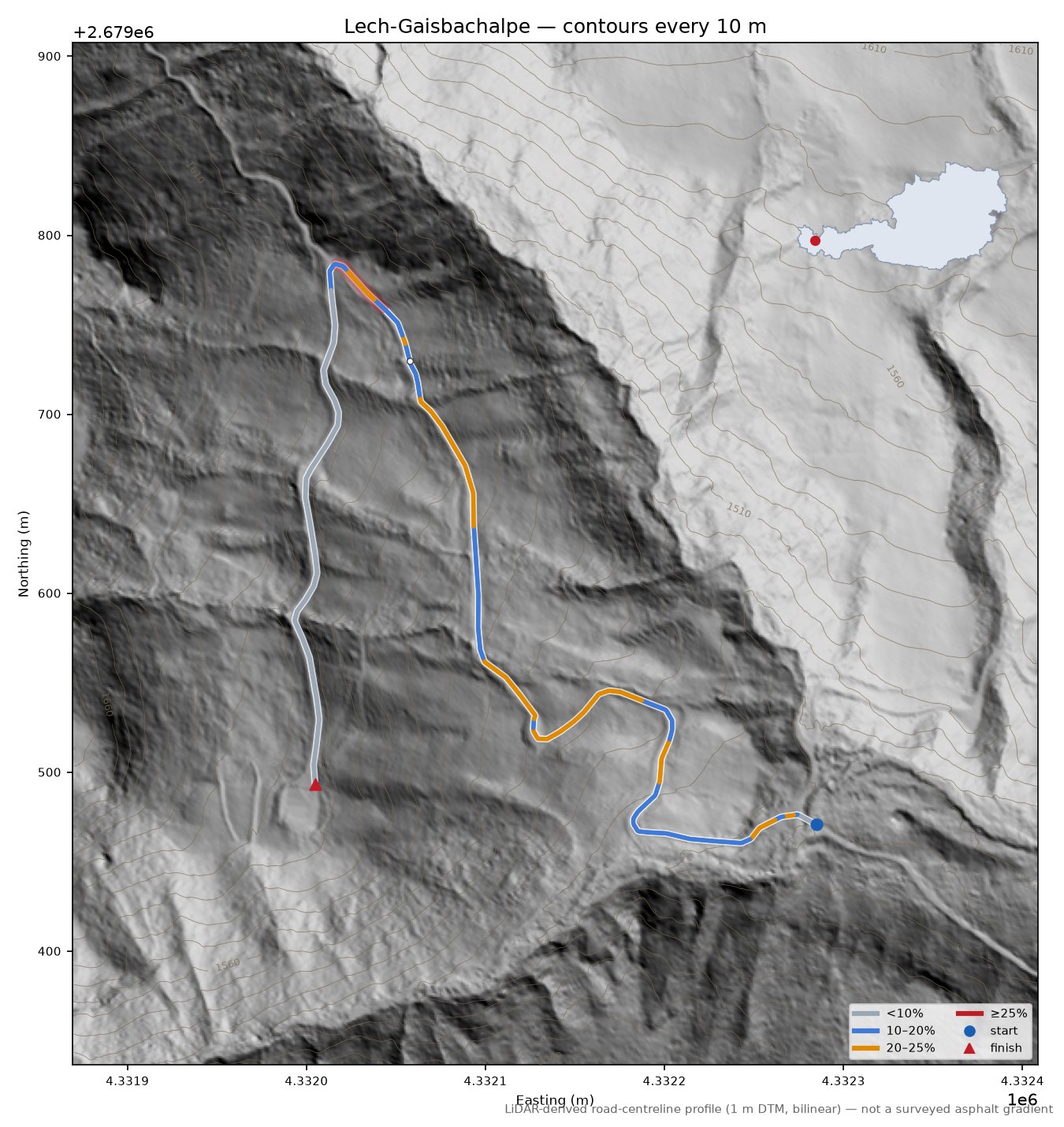 Lech-Gaisbachalpe LiDAR hillshade map with contours