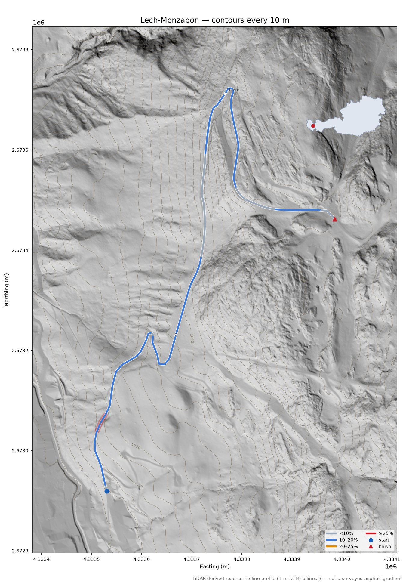 Lech-Monzabon LiDAR hillshade map with contours