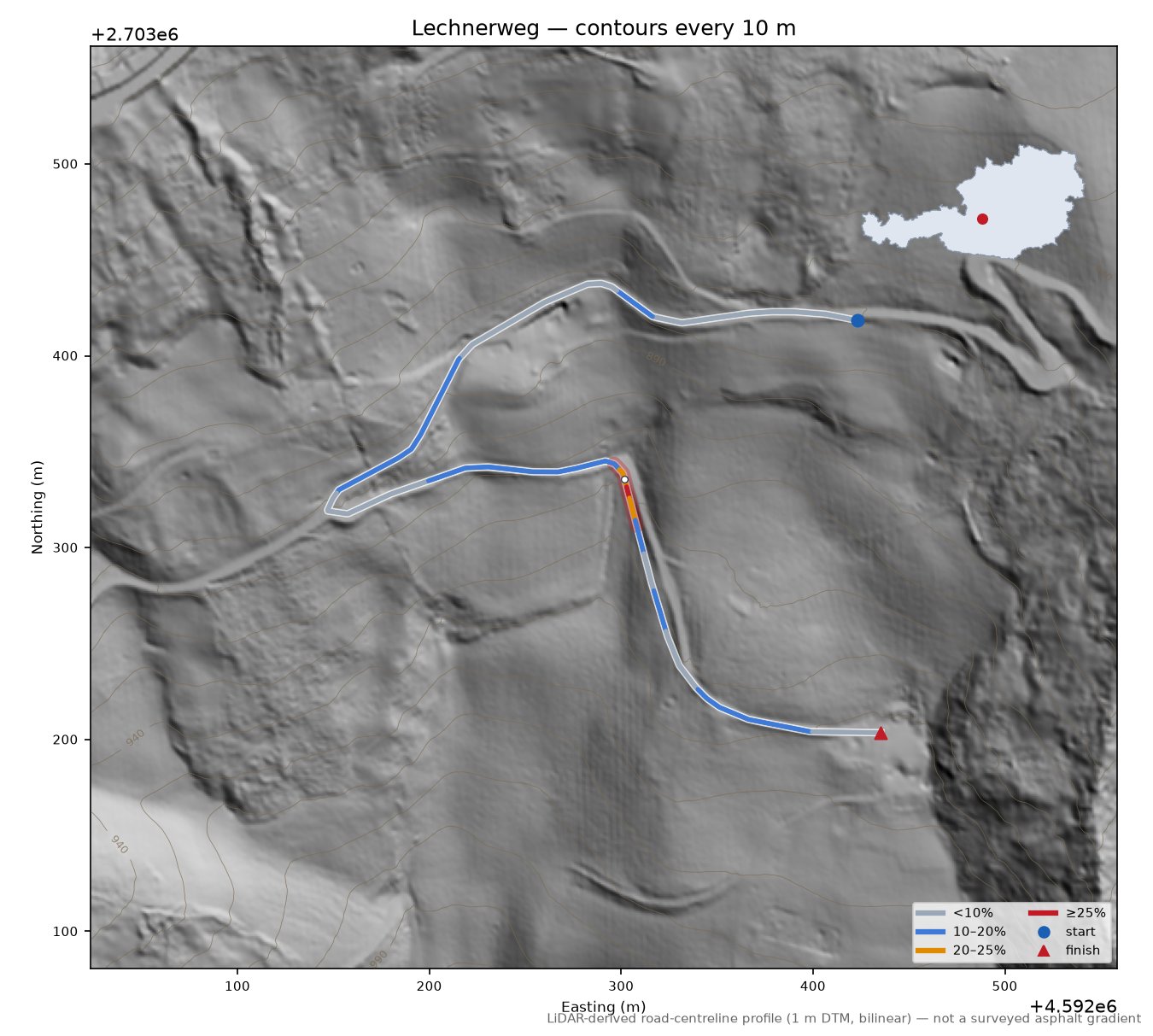 Lechnerweg LiDAR hillshade map with contours
