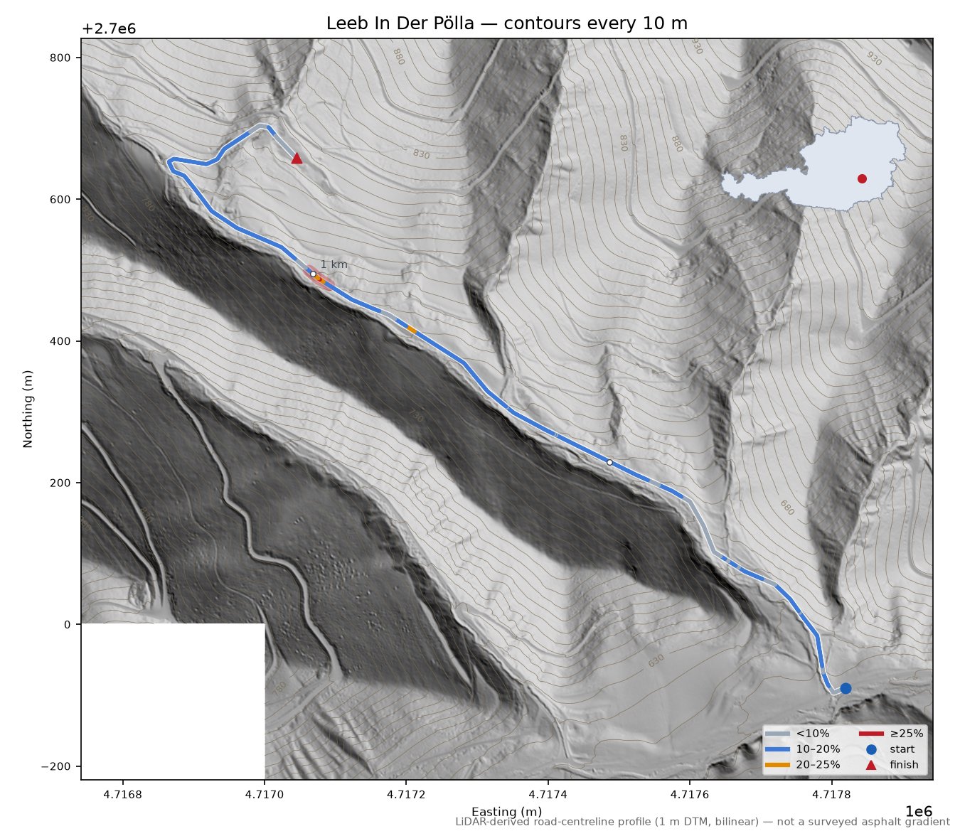 Leeb In Der Pölla LiDAR hillshade map with contours