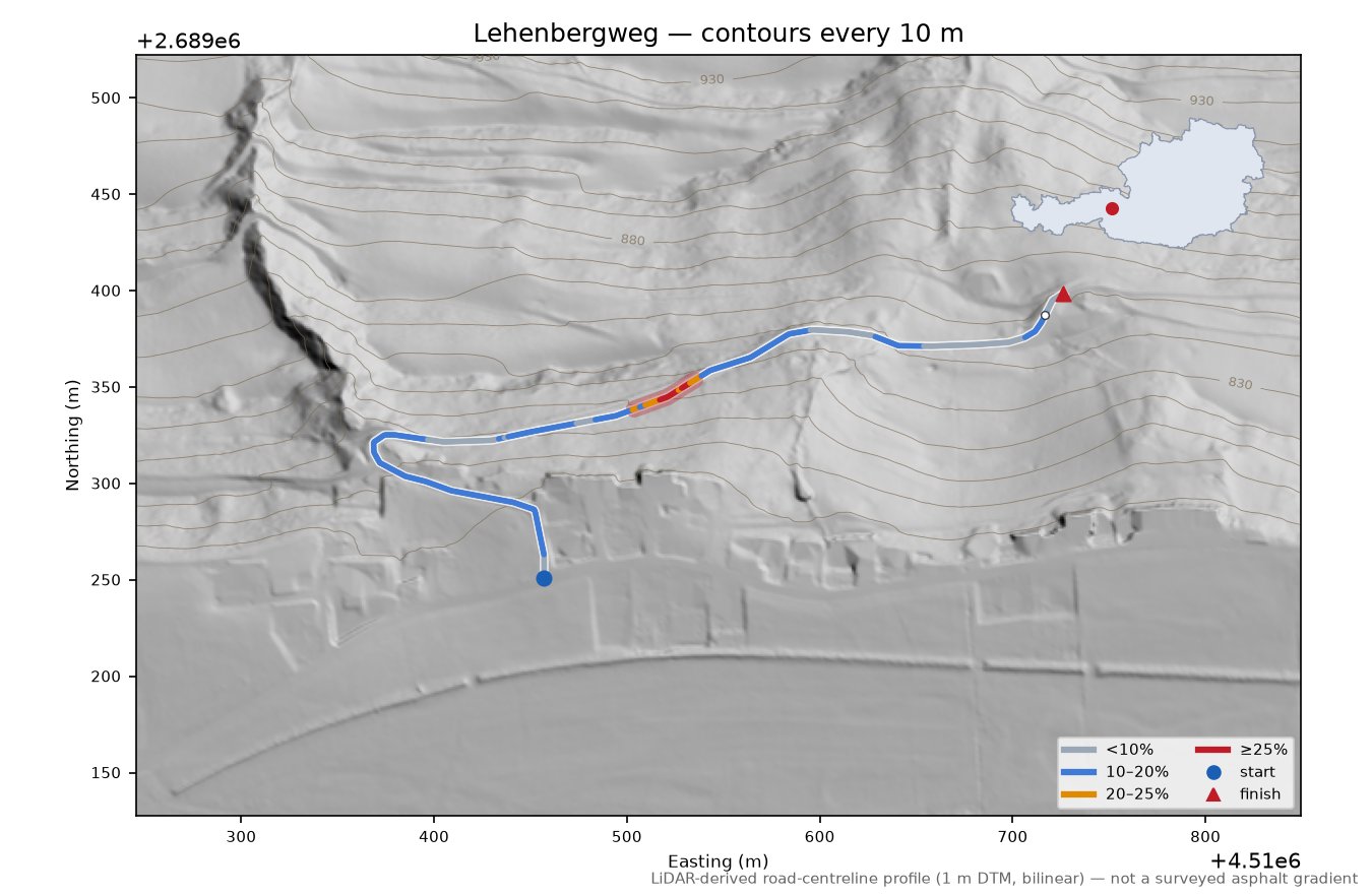 Lehenbergweg LiDAR hillshade map with contours