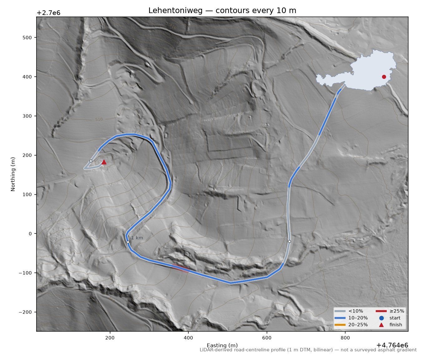 Lehentoniweg LiDAR hillshade map with contours