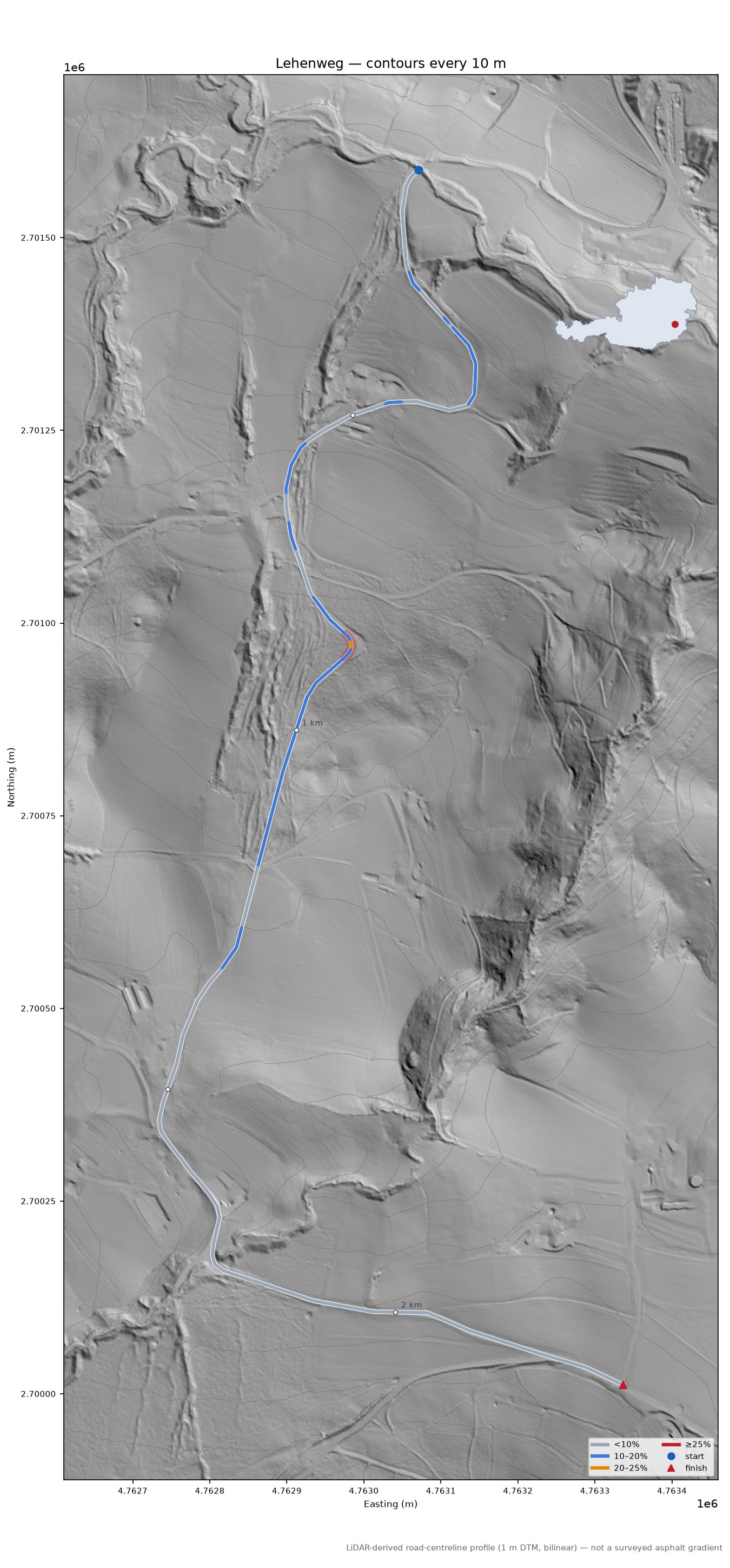 Lehenweg LiDAR hillshade map with contours