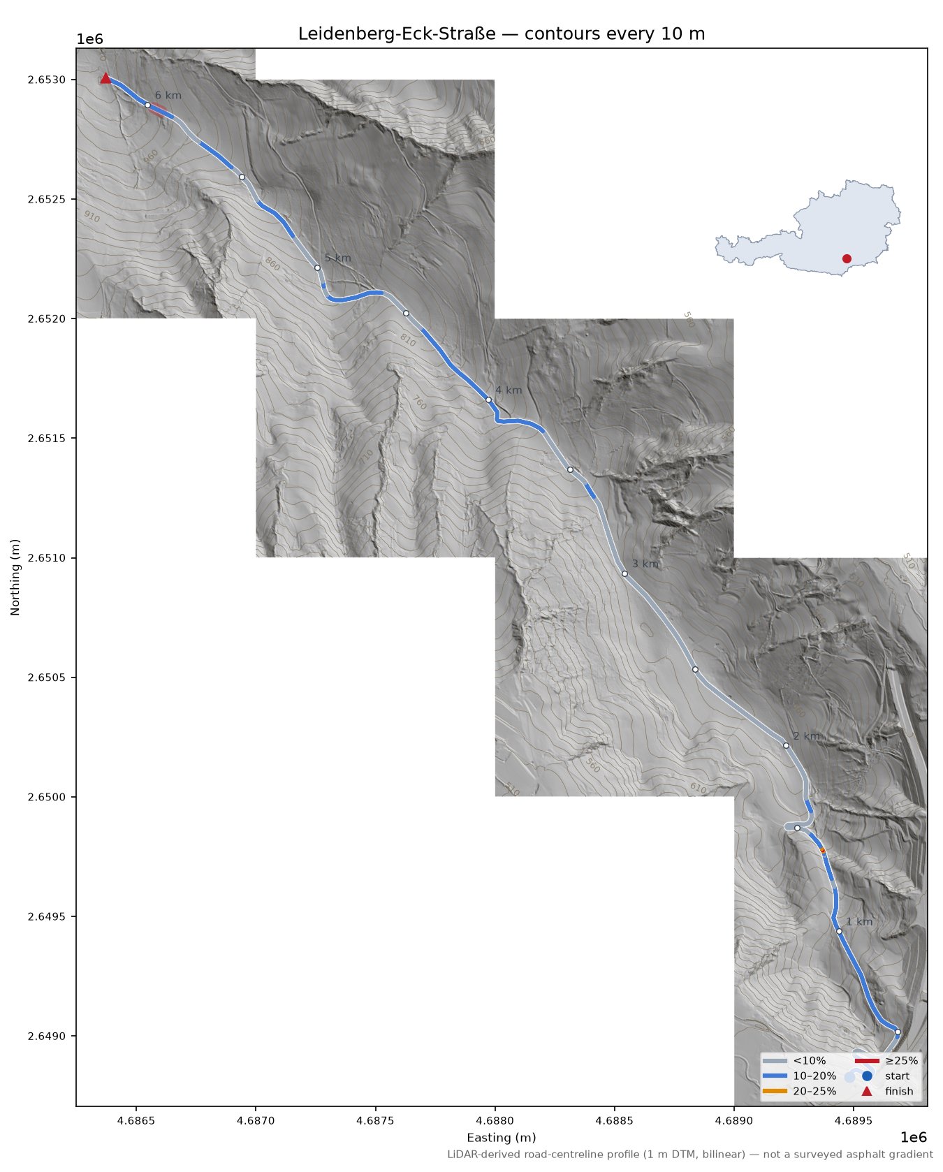 Leidenberg-Eck-Straße LiDAR hillshade map with contours