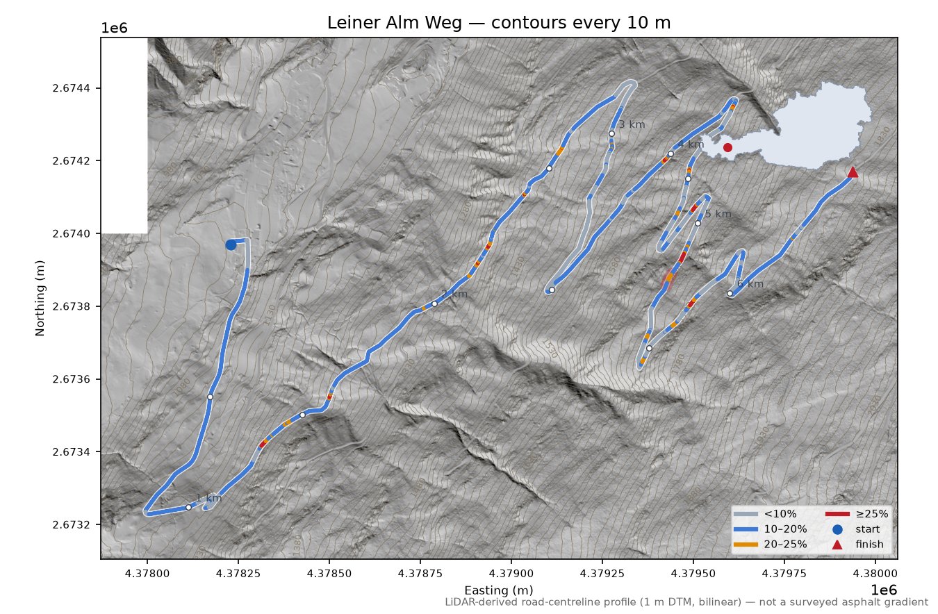 Leiner Alm Weg LiDAR hillshade map with contours