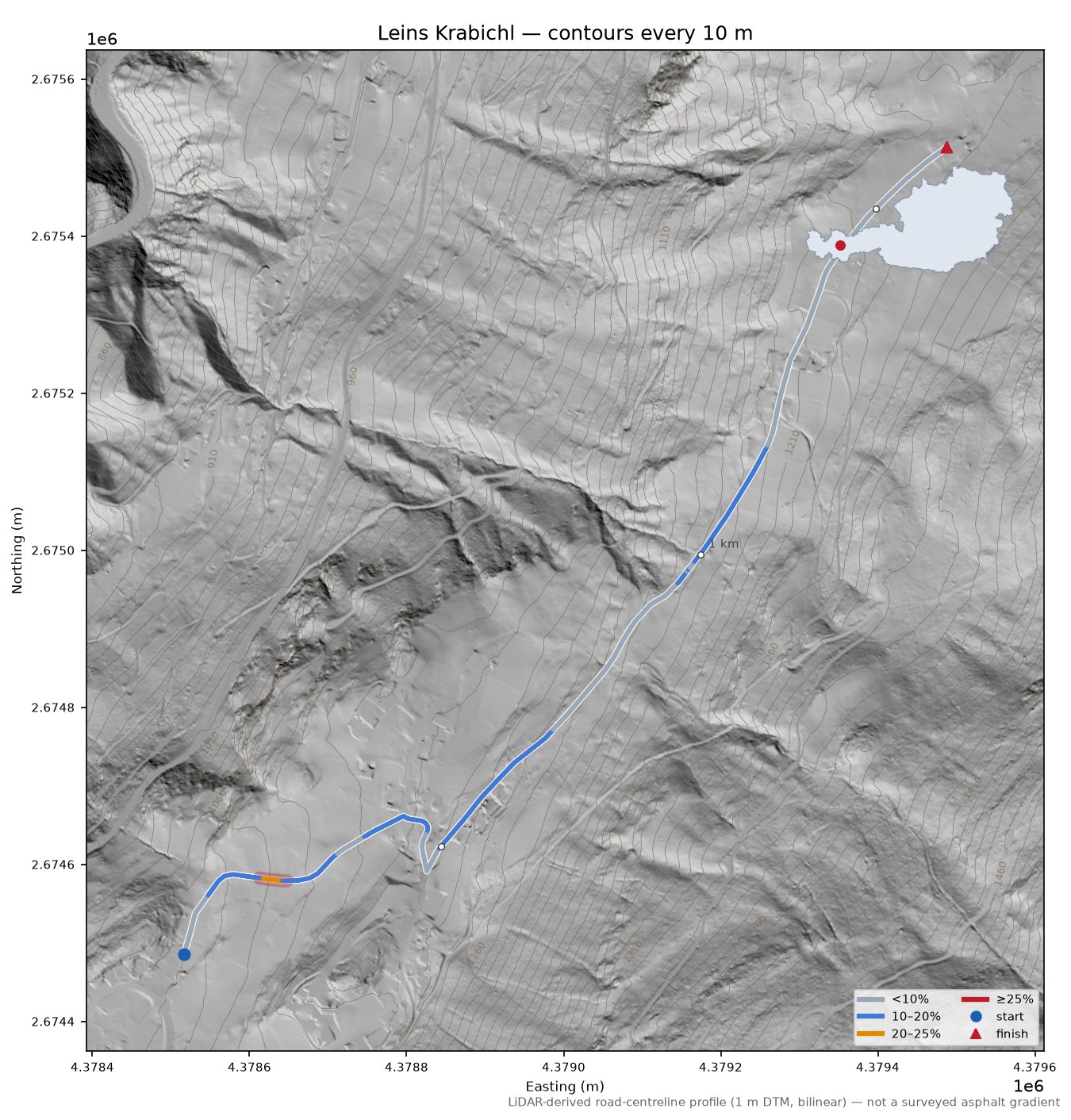 Leins Krabichl LiDAR hillshade map with contours