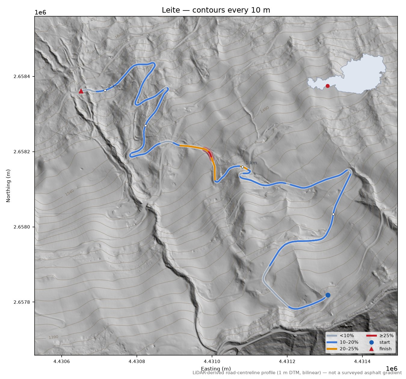 Leite LiDAR hillshade map with contours