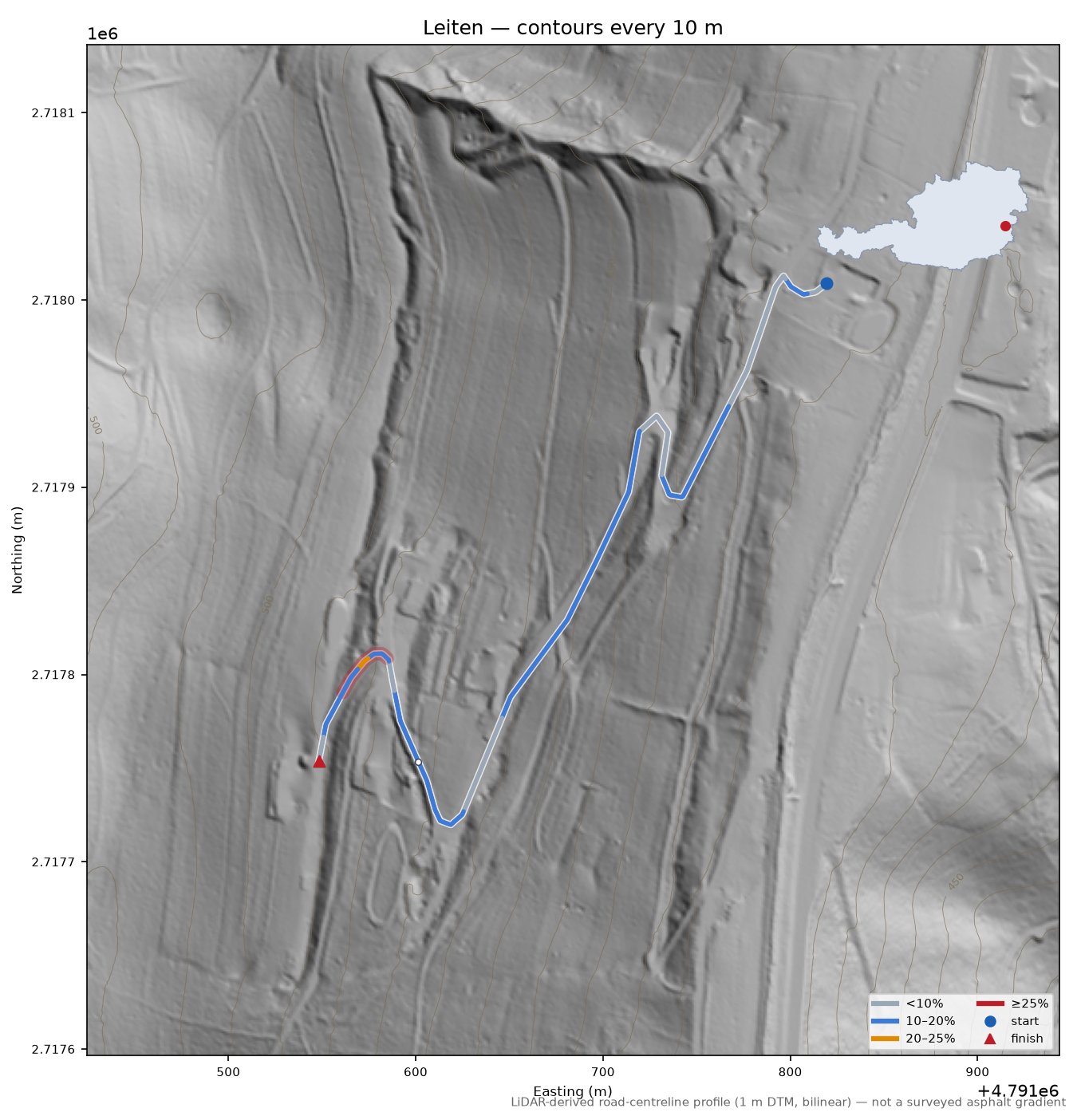 Leiten LiDAR hillshade map with contours