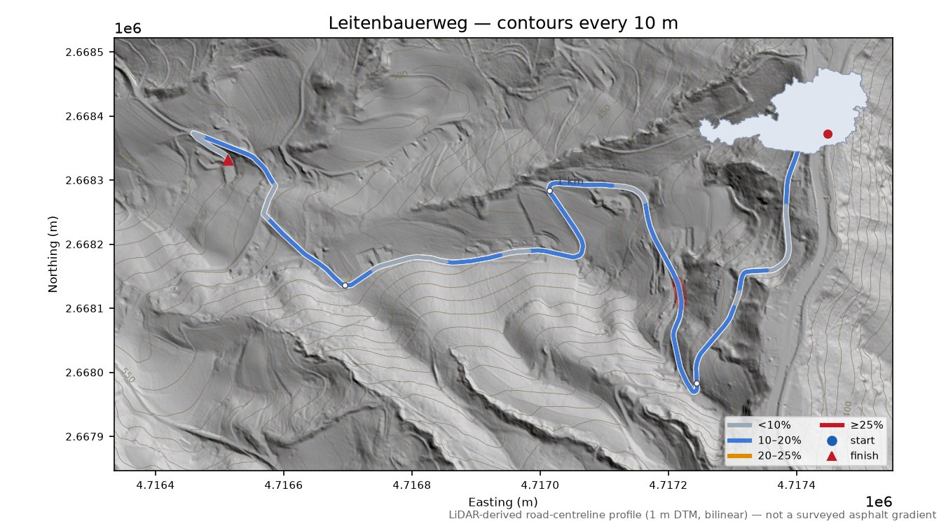 Leitenbauerweg LiDAR hillshade map with contours