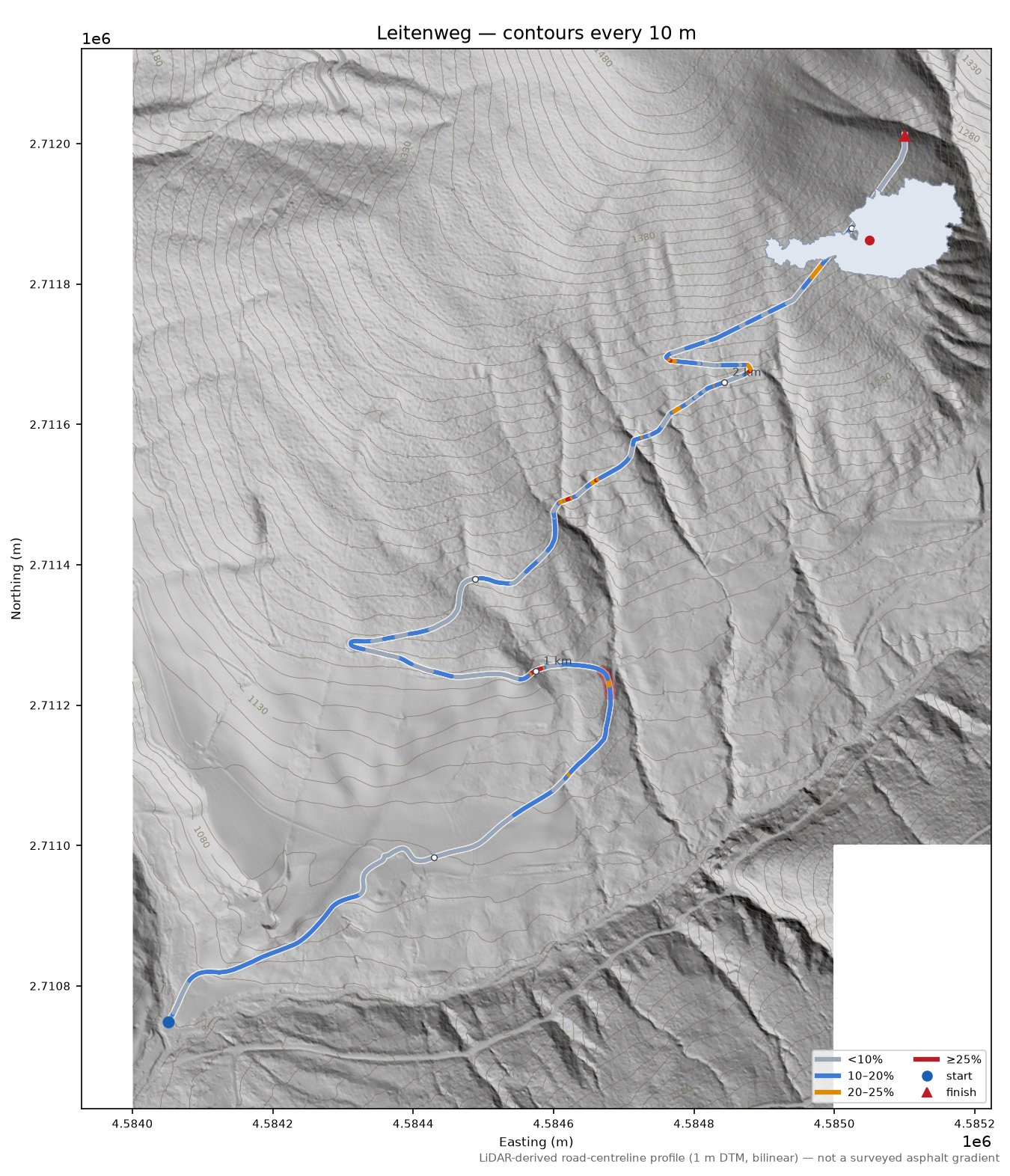 Leitenweg LiDAR hillshade map with contours