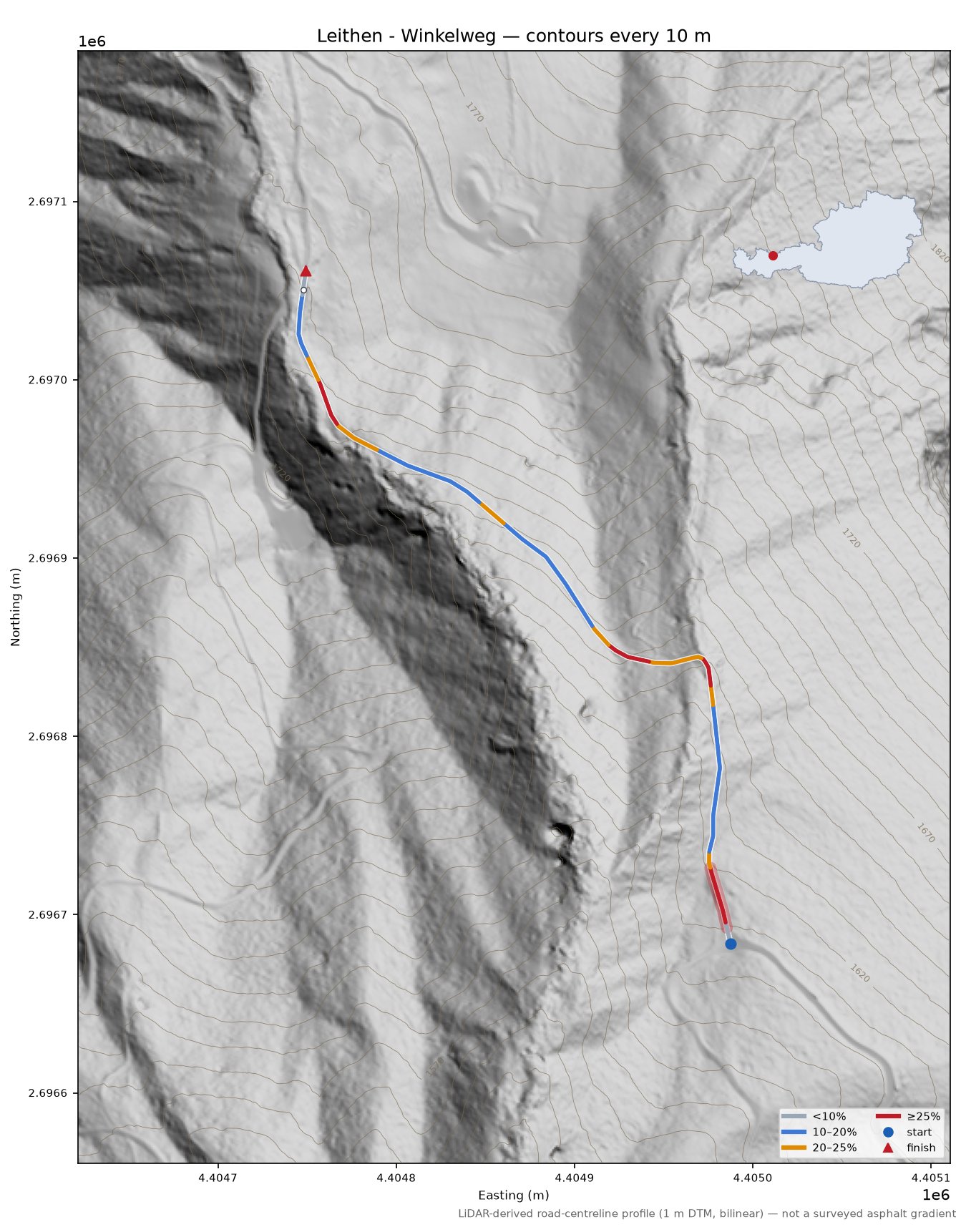 Leithen - Winkelweg LiDAR hillshade map with contours