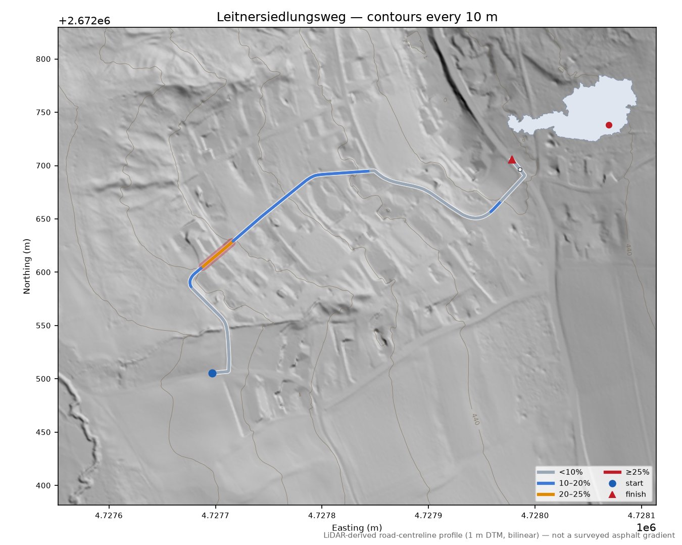 Leitnersiedlungsweg LiDAR hillshade map with contours