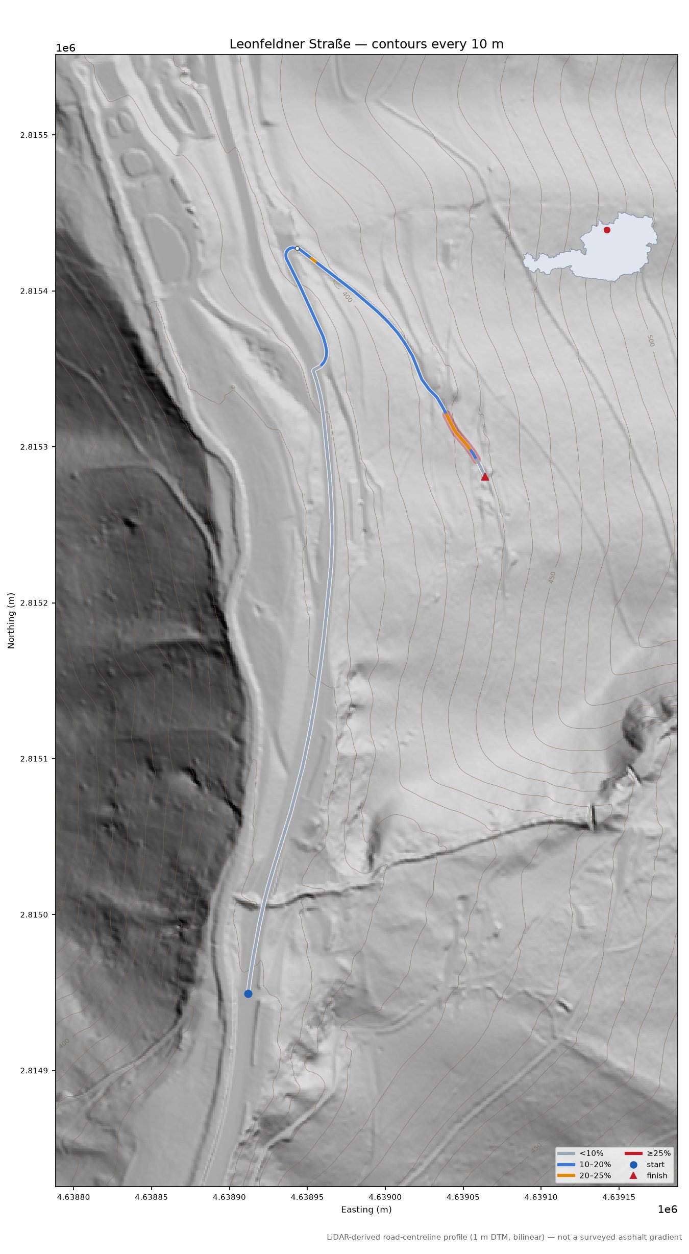 Leonfeldner Straße LiDAR hillshade map with contours