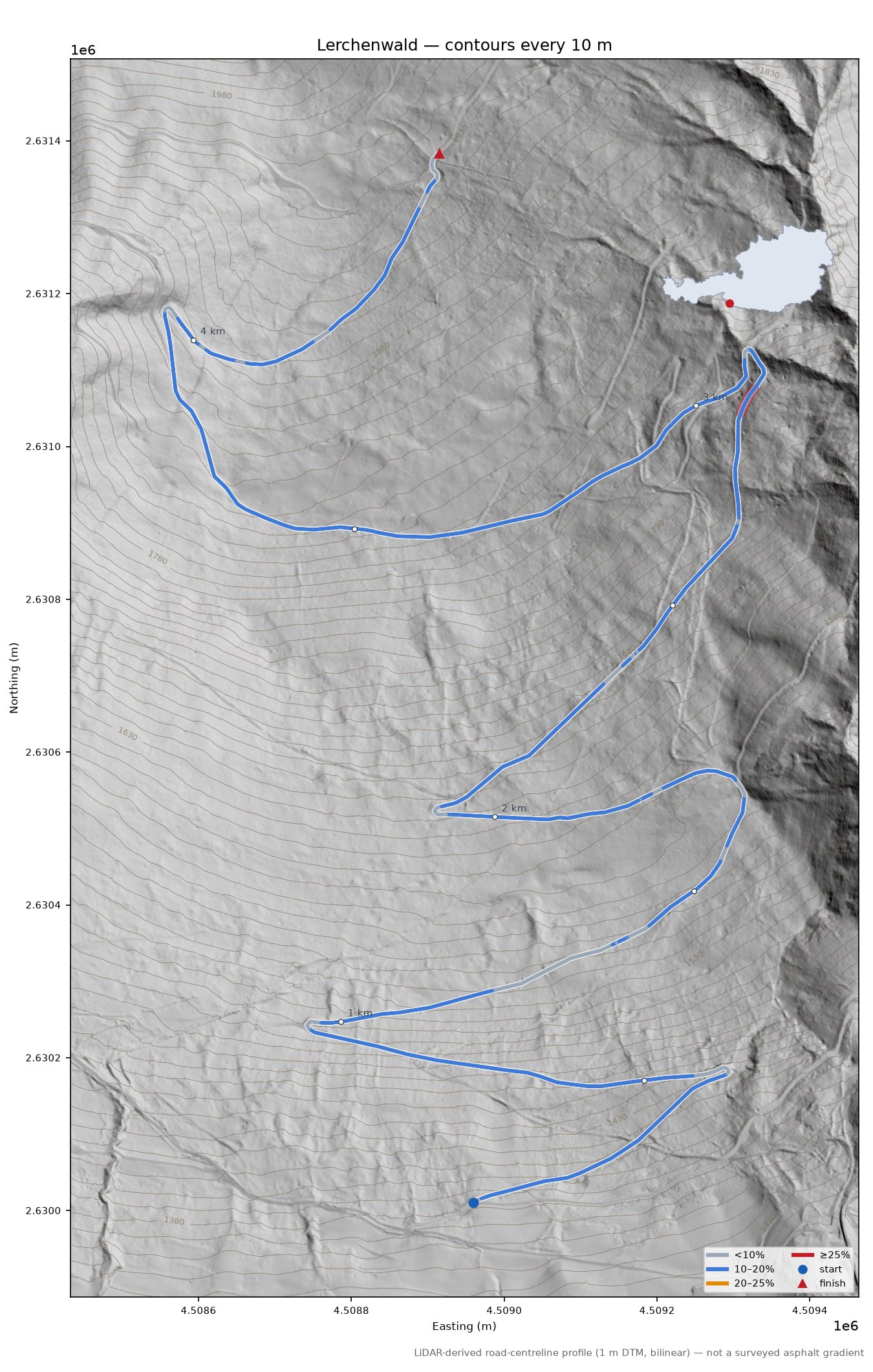Lerchenwald LiDAR hillshade map with contours