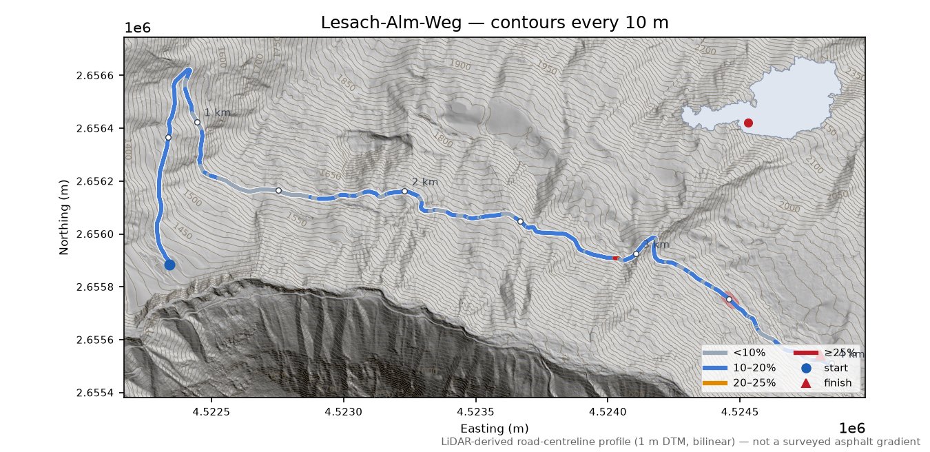 Lesach-Alm-Weg LiDAR hillshade map with contours