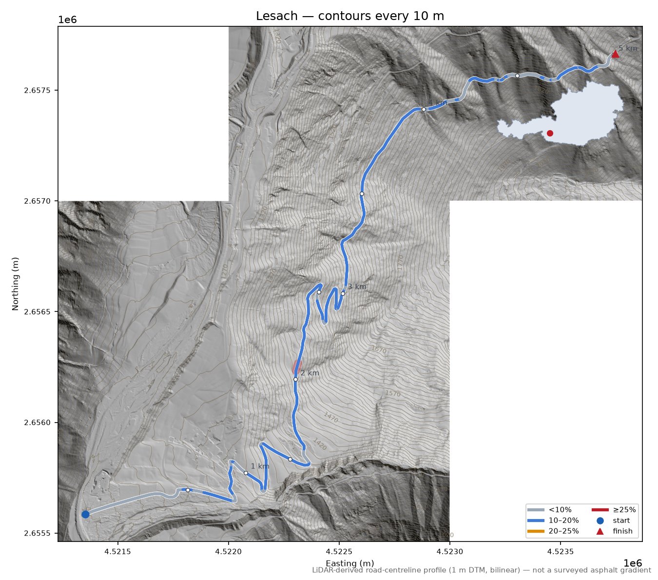 Lesach LiDAR hillshade map with contours