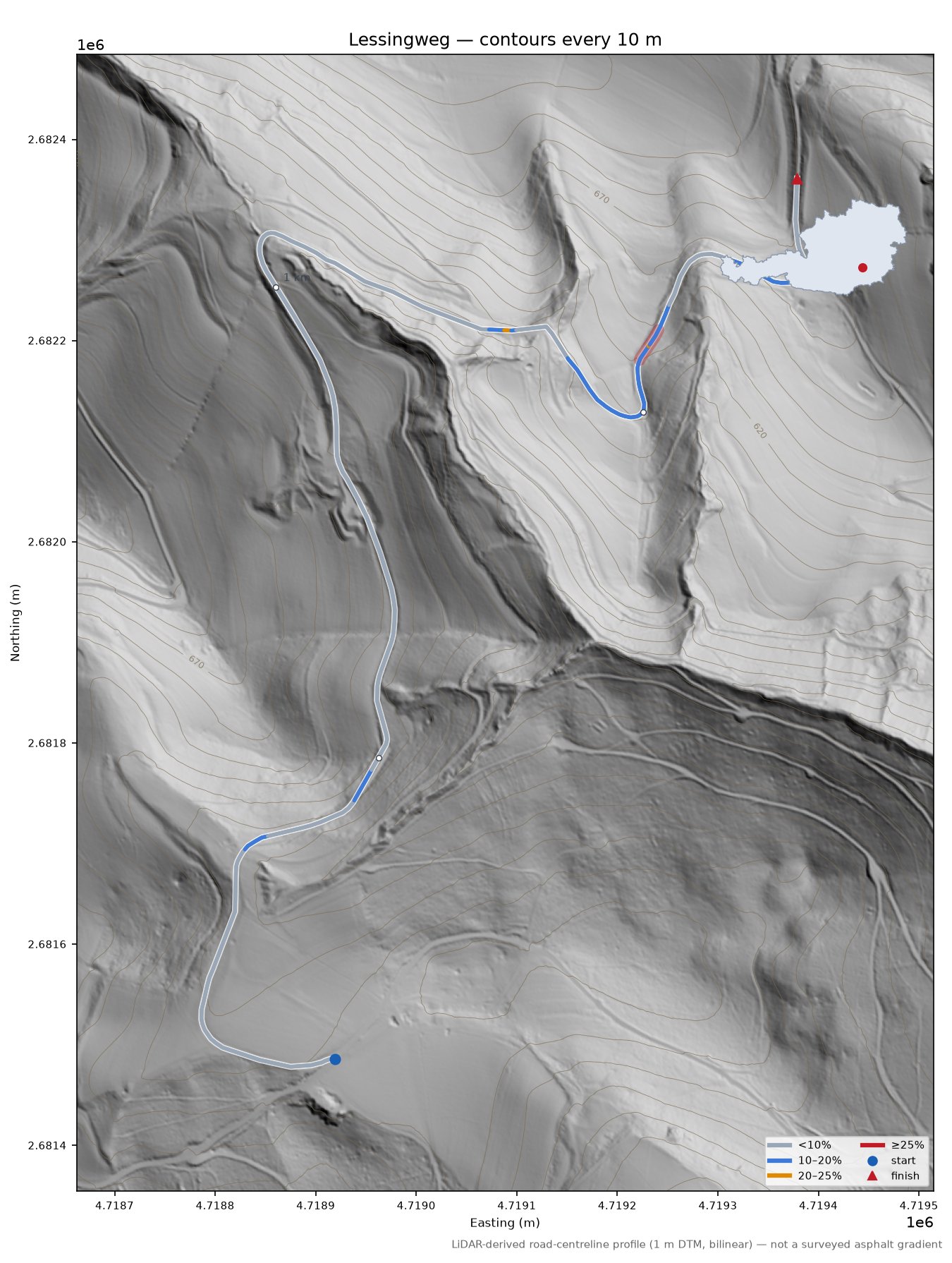 Lessingweg LiDAR hillshade map with contours