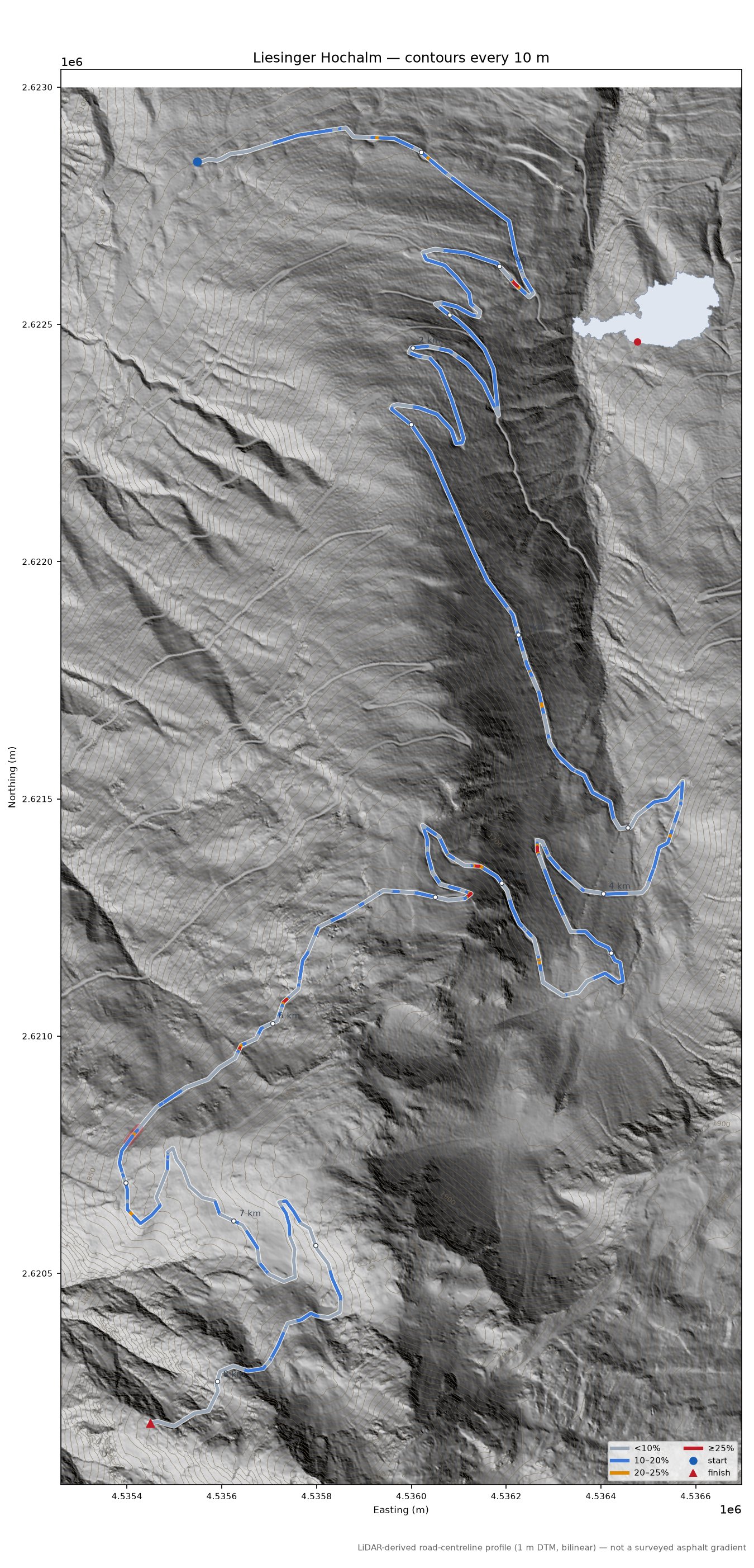 Liesinger Hochalm LiDAR hillshade map with contours