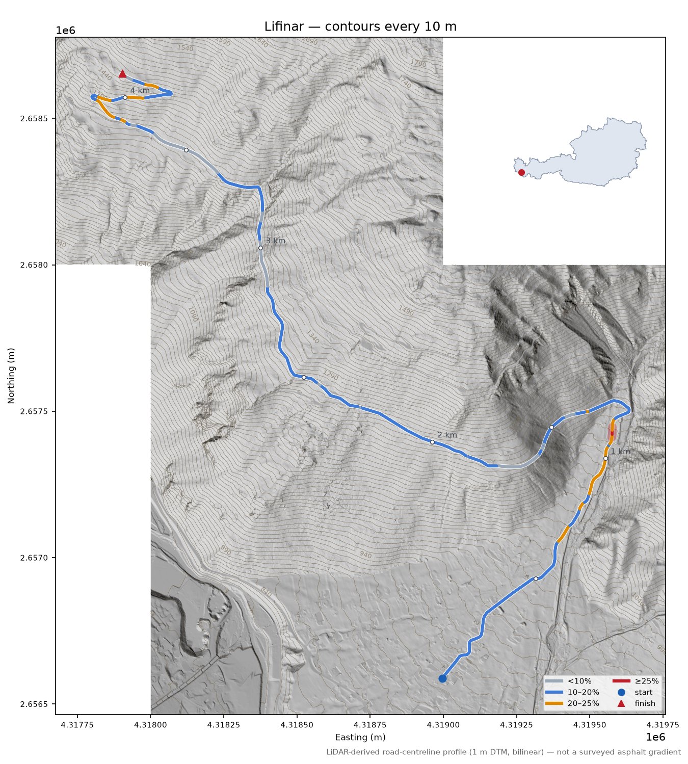 Lifinar LiDAR hillshade map with contours