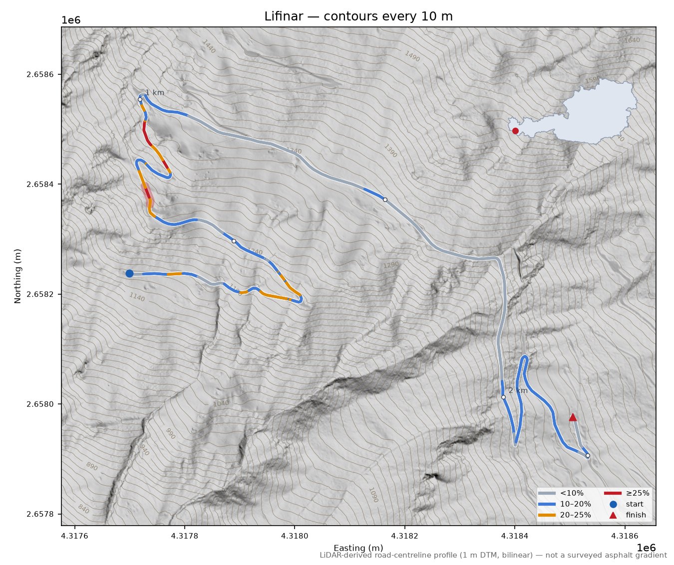 Lifinar LiDAR hillshade map with contours