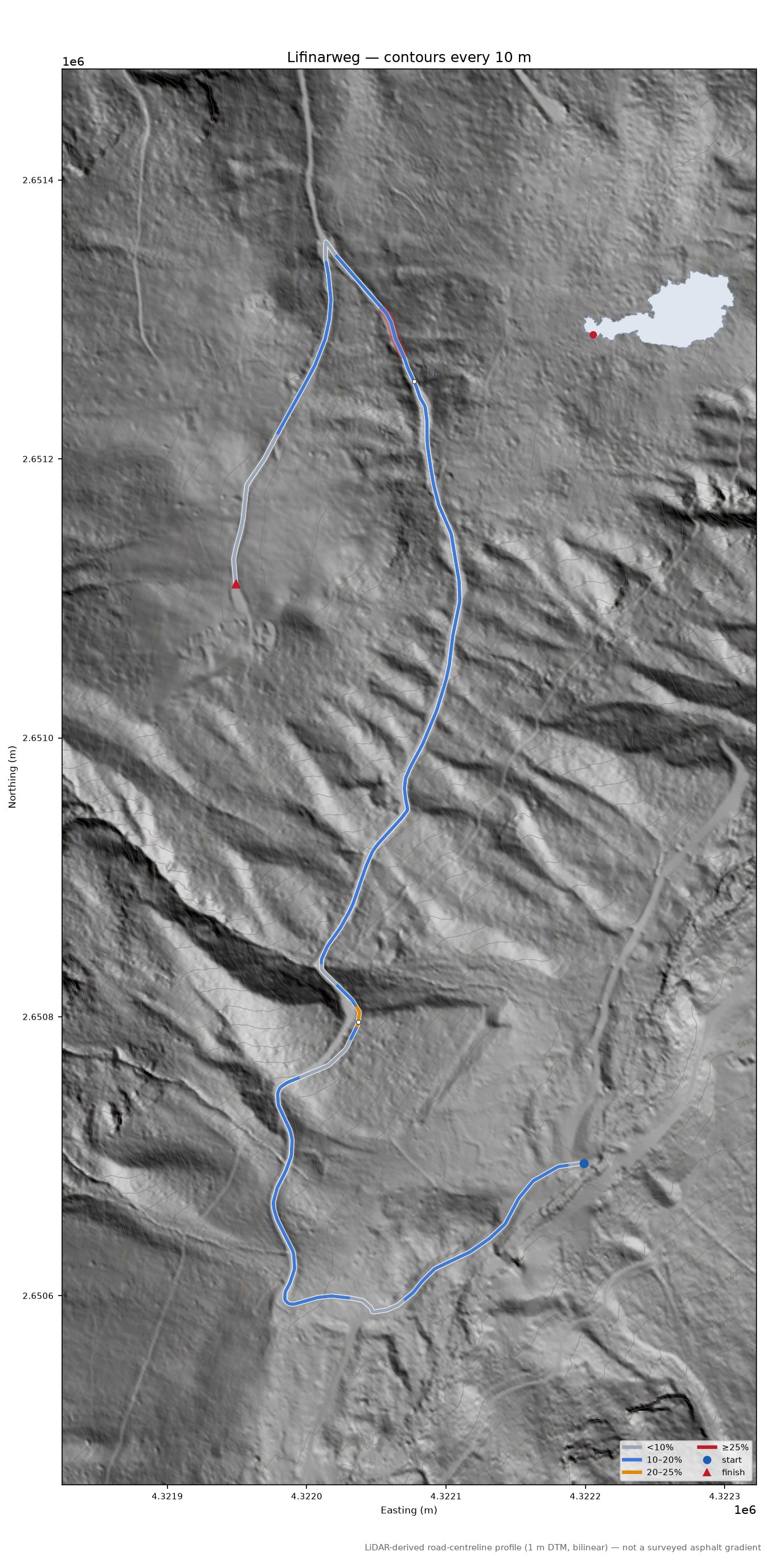 Lifinarweg LiDAR hillshade map with contours