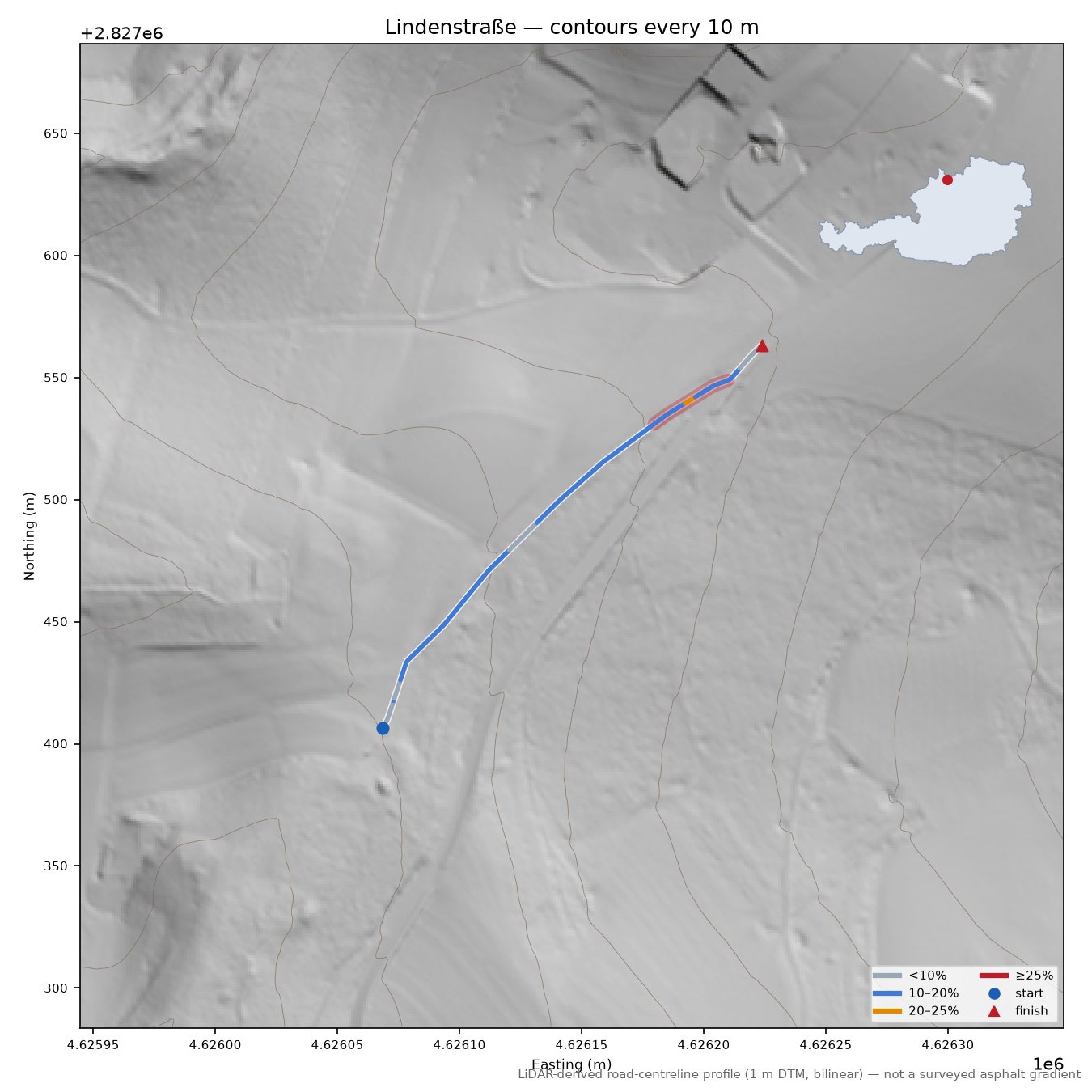 Lindenstraße LiDAR hillshade map with contours