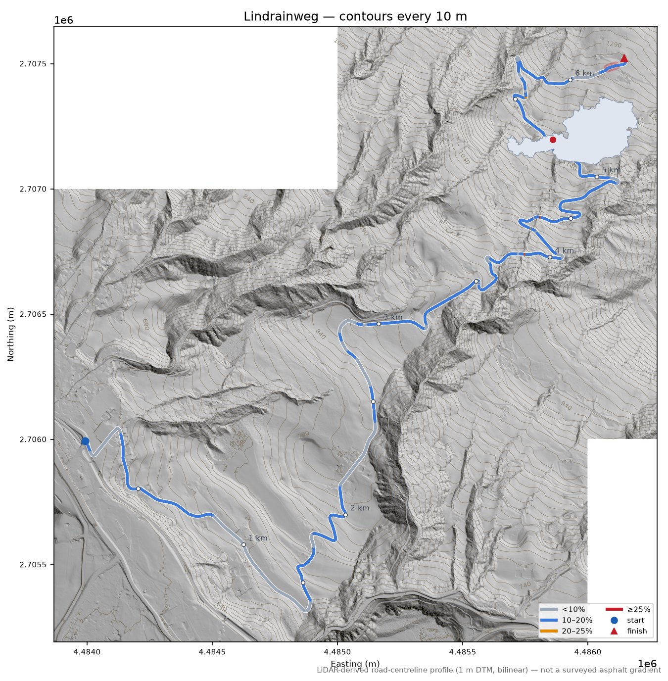 Lindrainweg LiDAR hillshade map with contours