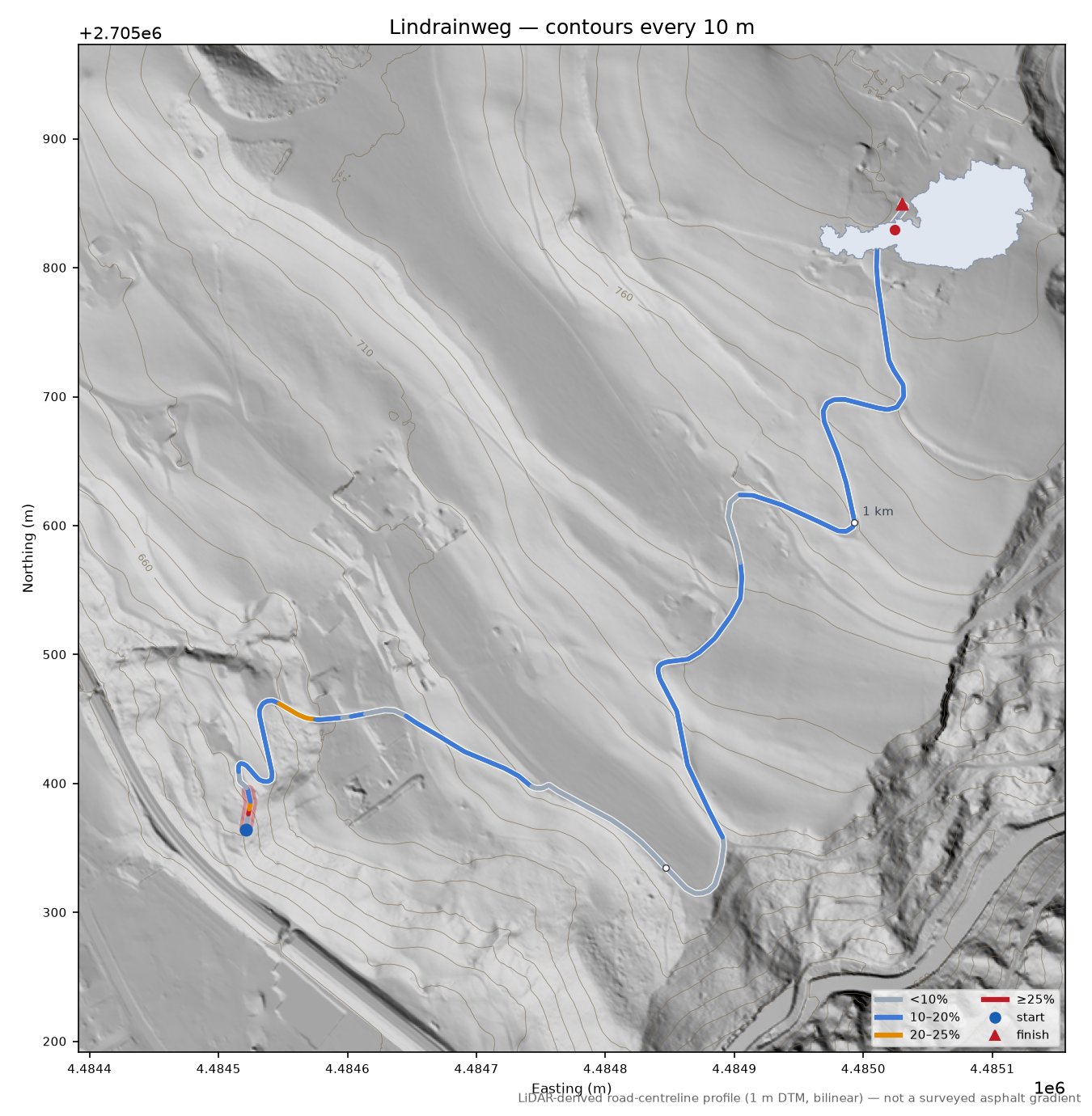 Lindrainweg LiDAR hillshade map with contours