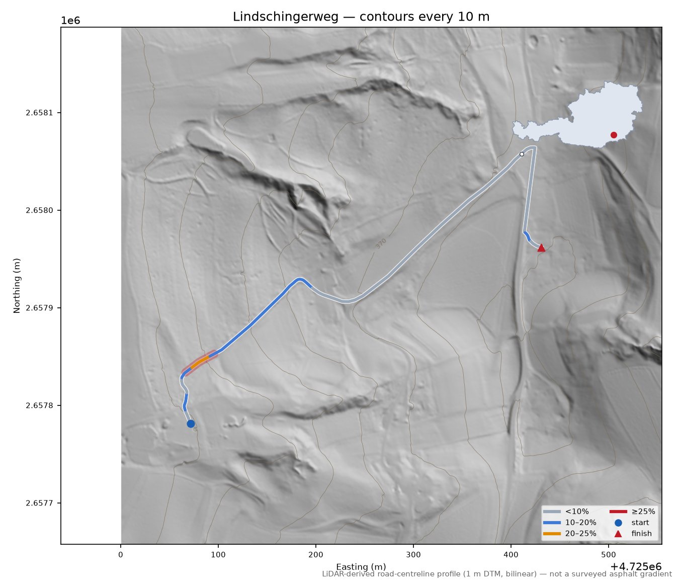 Lindschingerweg LiDAR hillshade map with contours