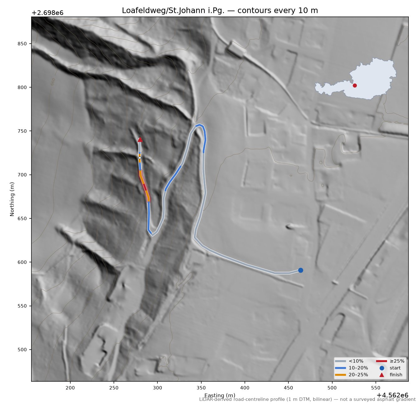 Loafeldweg/St.Johann i.Pg. LiDAR hillshade map with contours