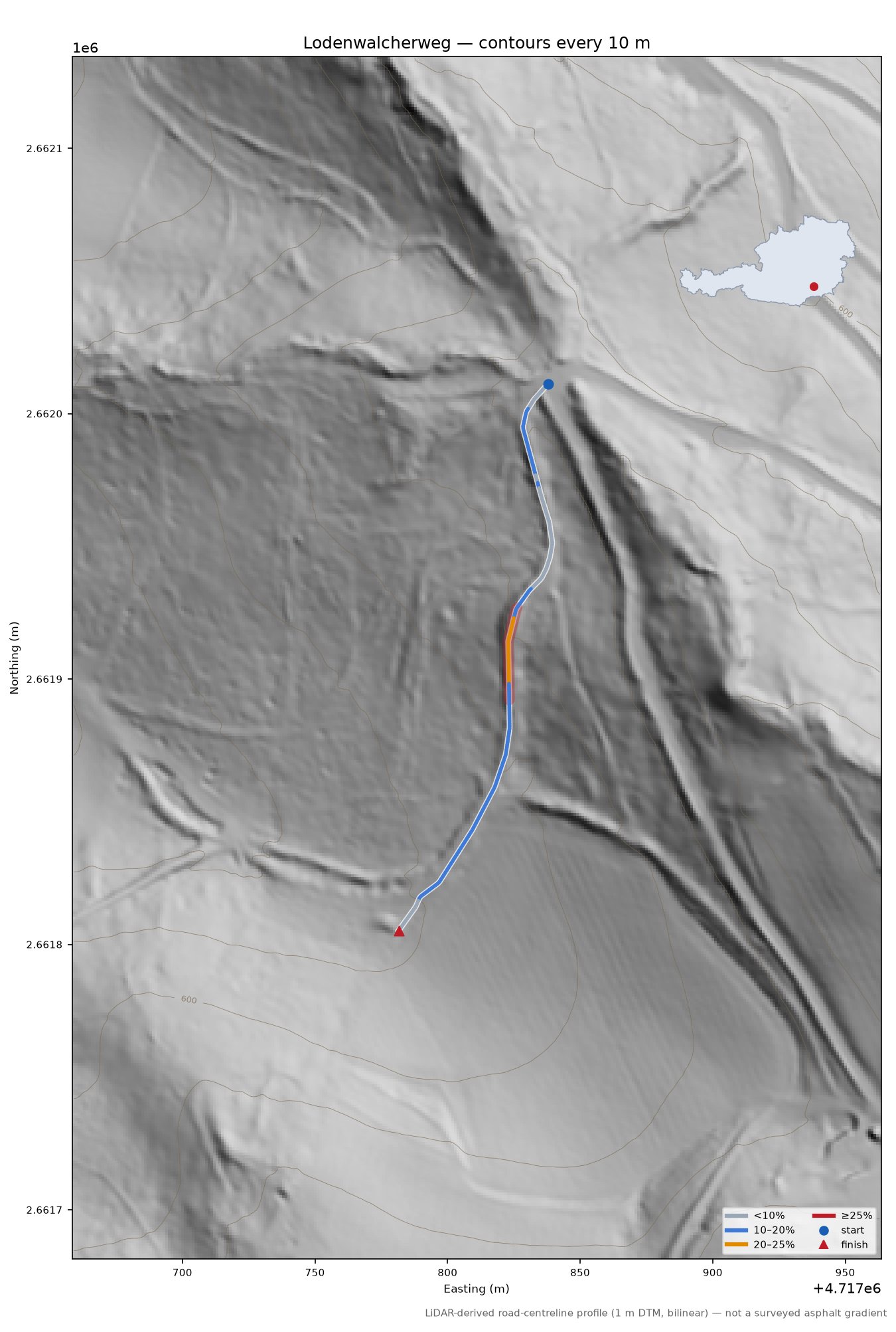Lodenwalcherweg LiDAR hillshade map with contours