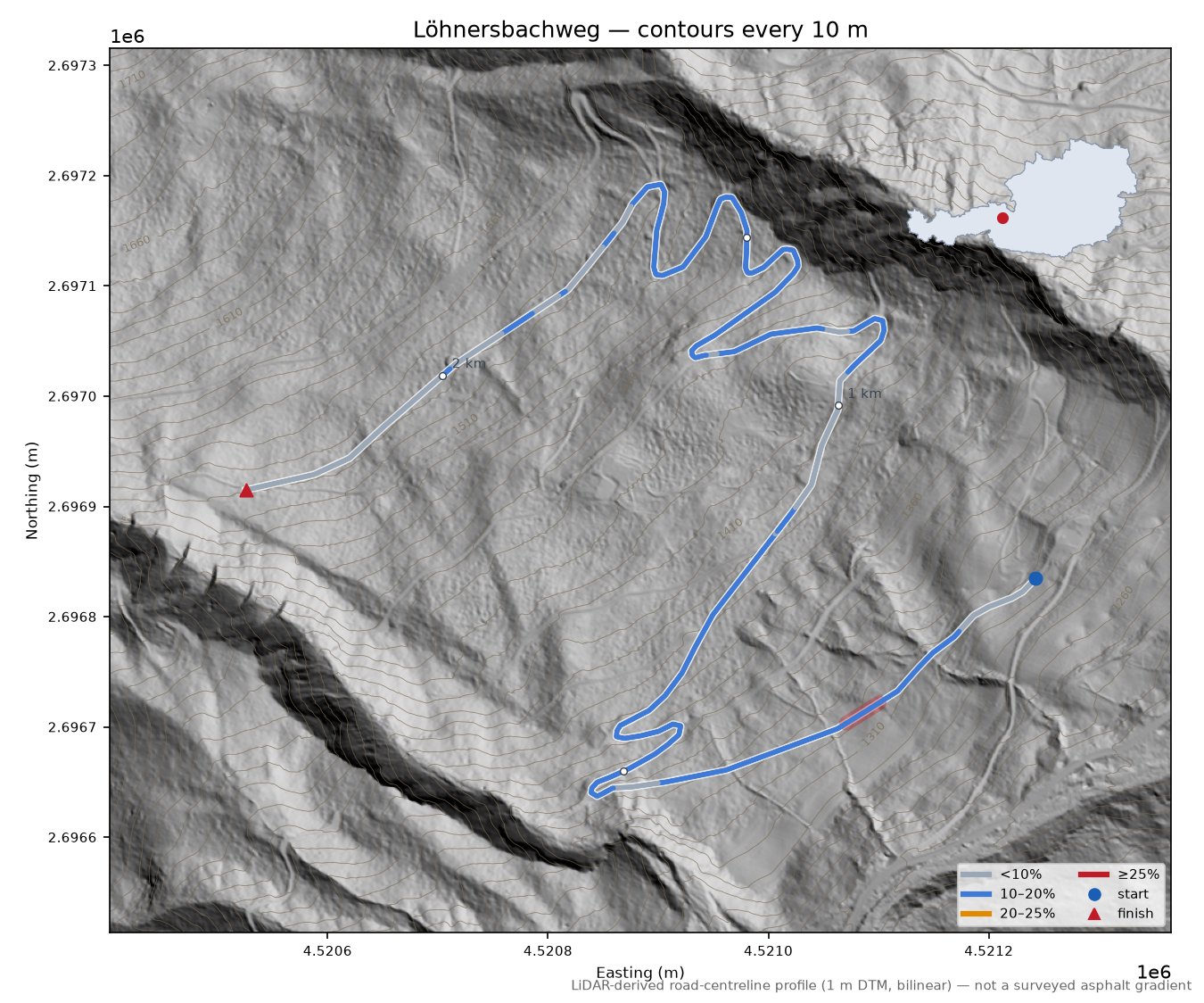 Löhnersbachweg LiDAR hillshade map with contours