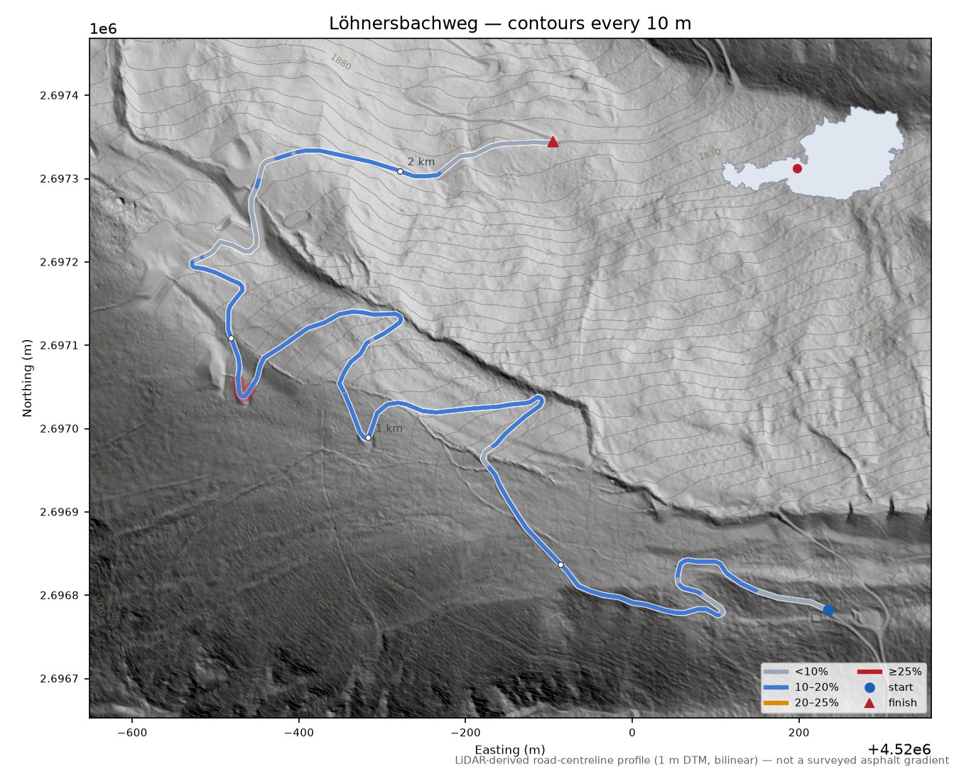 Löhnersbachweg LiDAR hillshade map with contours
