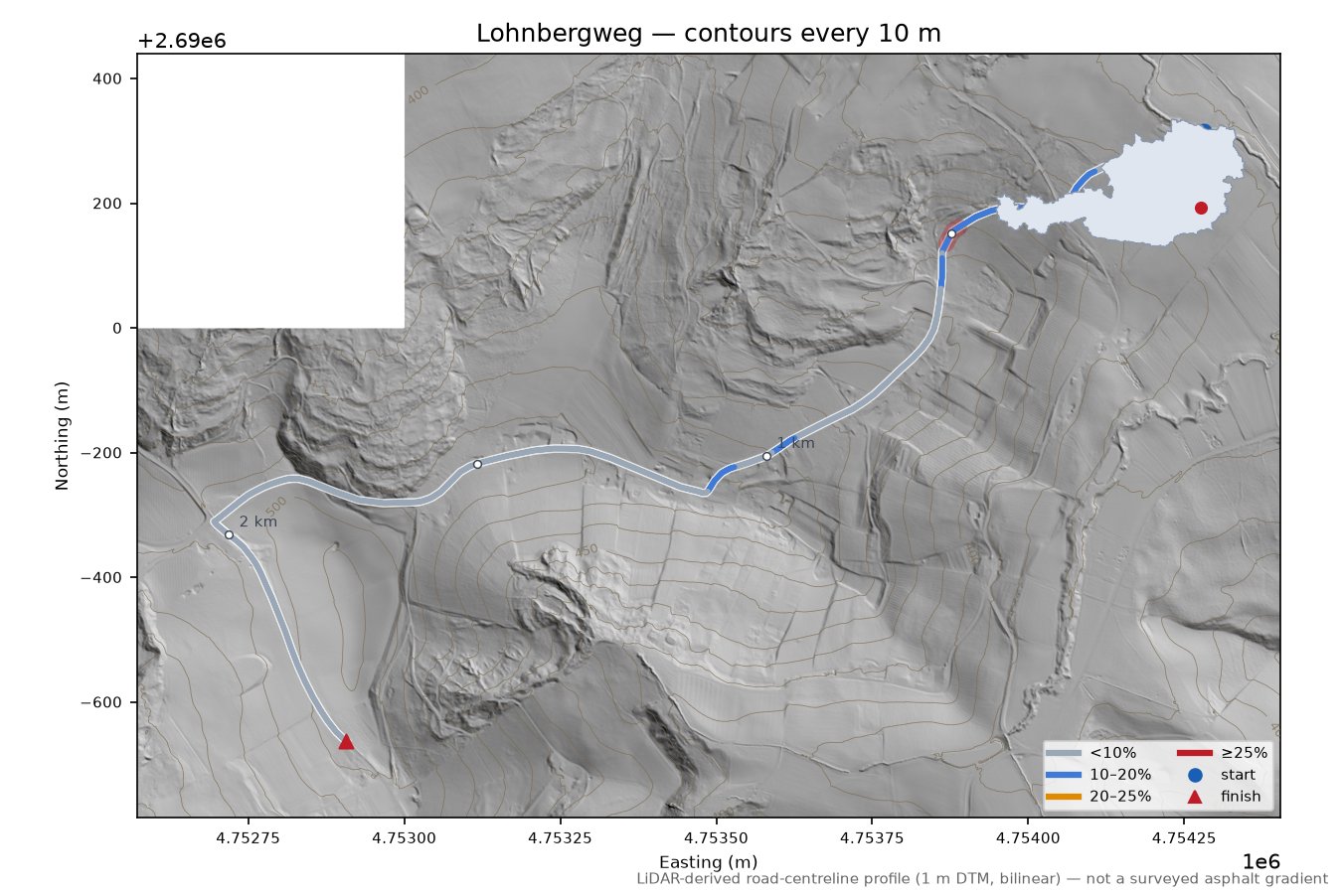 Lohnbergweg LiDAR hillshade map with contours