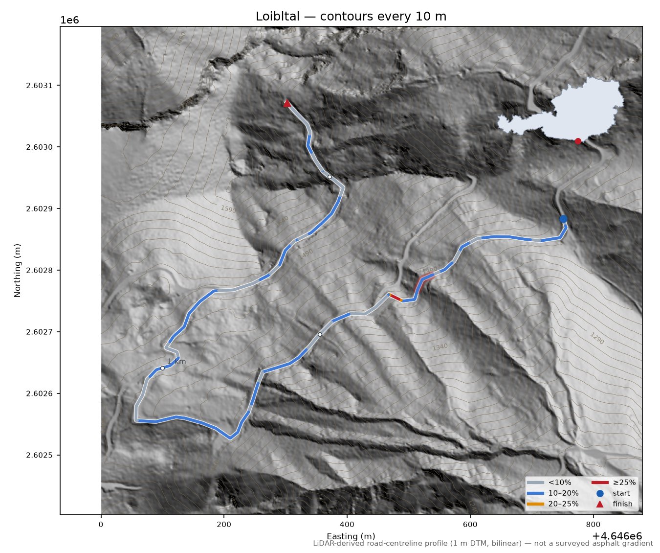 Loibltal LiDAR hillshade map with contours