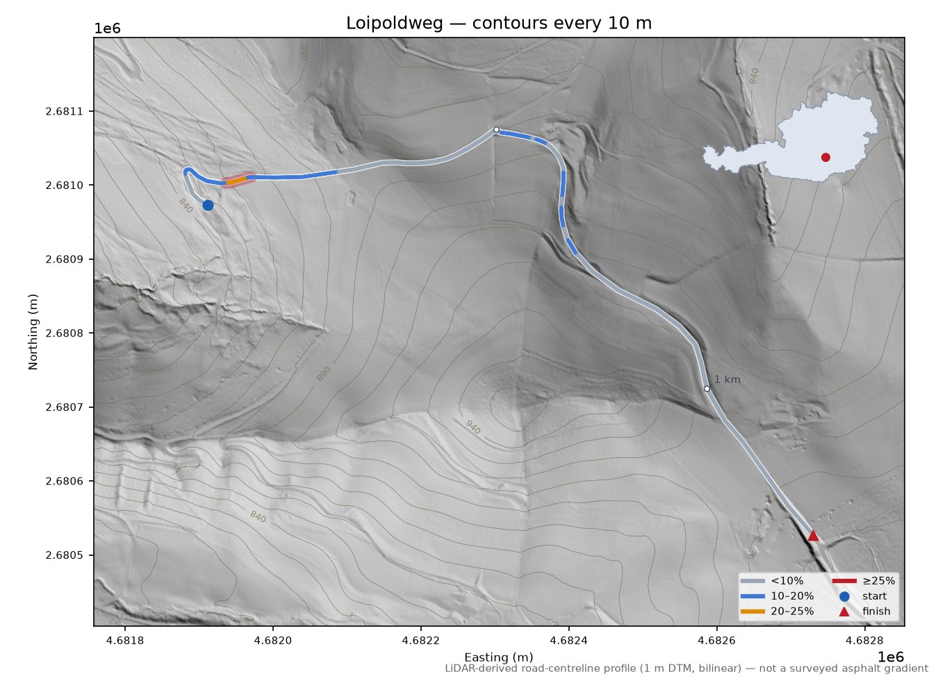 Loipoldweg LiDAR hillshade map with contours