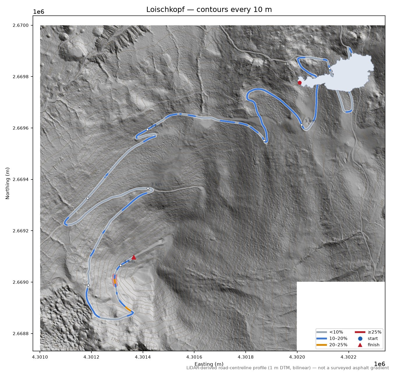 Loischkopf LiDAR hillshade map with contours